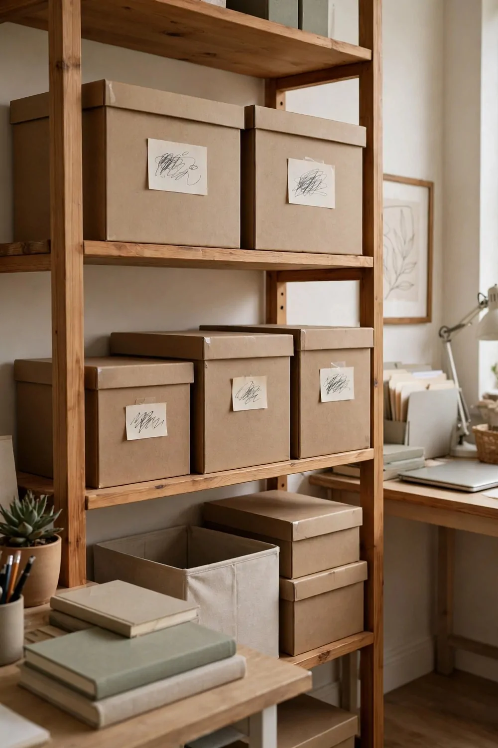17 Small Second Bedroom Office Ideas That Look Designer-Made 15 Small plain paper labels in the same neat handwriting on storage boxes in a second bedroom office, tidy shelves