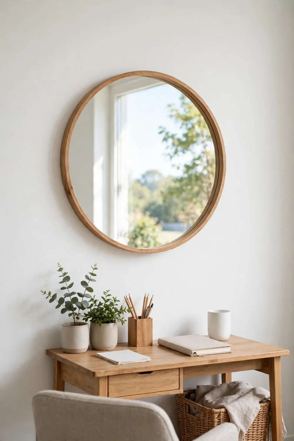 17 Small Second Bedroom Office Ideas That Look Designer-Made 16 A round mirror with a thin wood frame on a white wall above a small desk in a second bedroom office, reflecting light, tidy room
