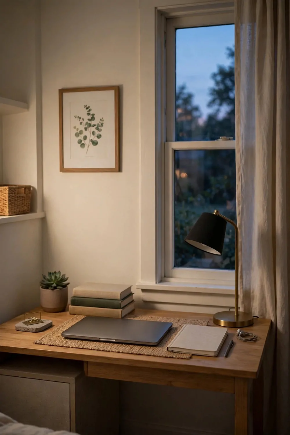 17 Small Second Bedroom Office Ideas That Look Designer-Made 17 A tidy small desk in a second bedroom office at dusk, laptop closed, lamp off, everything in its place, calm evening light