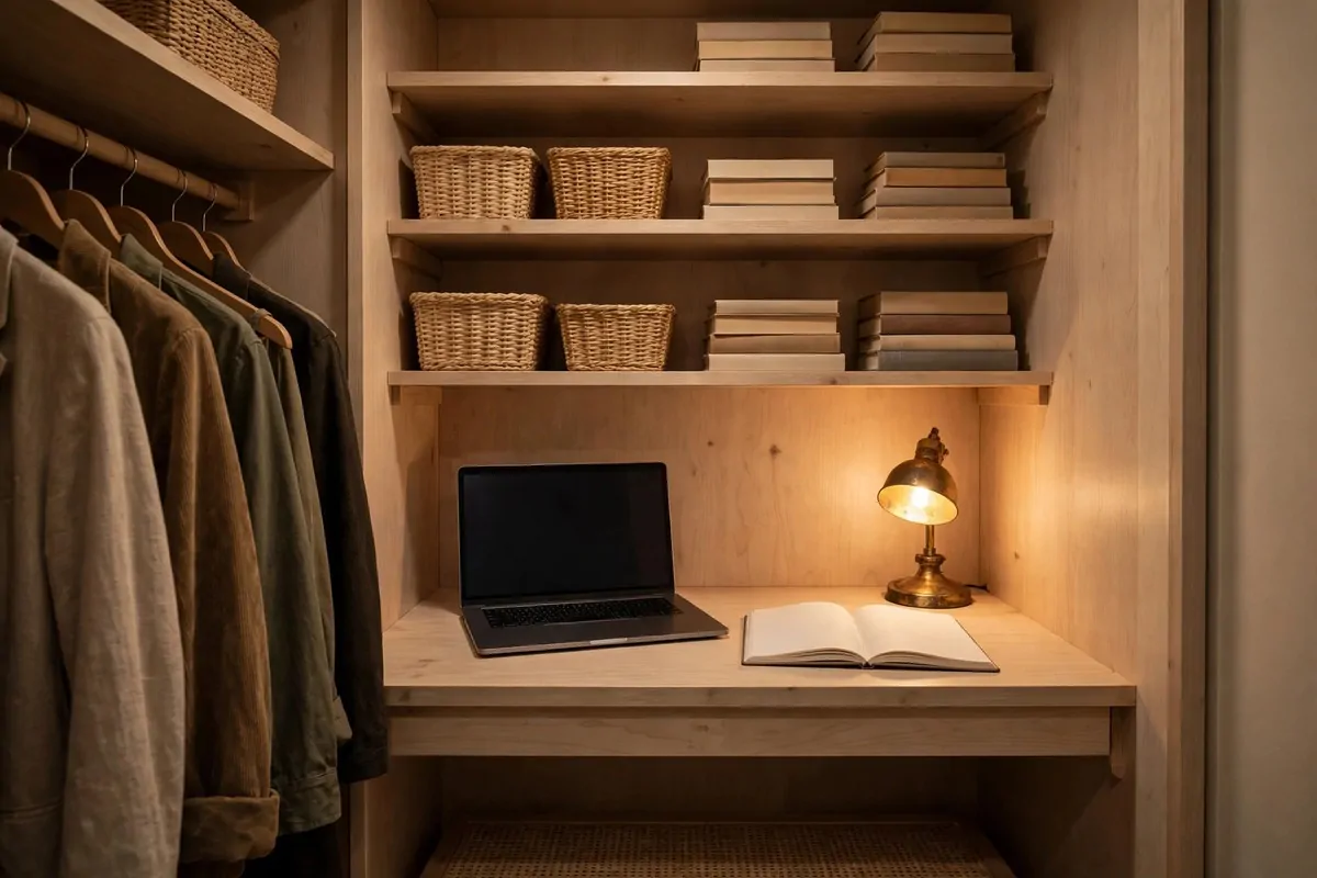 17 Tiny Closet Office Ideas for Even the Smallest Spaces 1 A light wood shelf desk fitted wall to wall inside a narrow closet, holding a laptop with a blank dark screen, an open notebook with blank pages and a lit brass lamp; shelves above hold wicker baskets and plain books with blank spines, with clothes on a rail at the left.