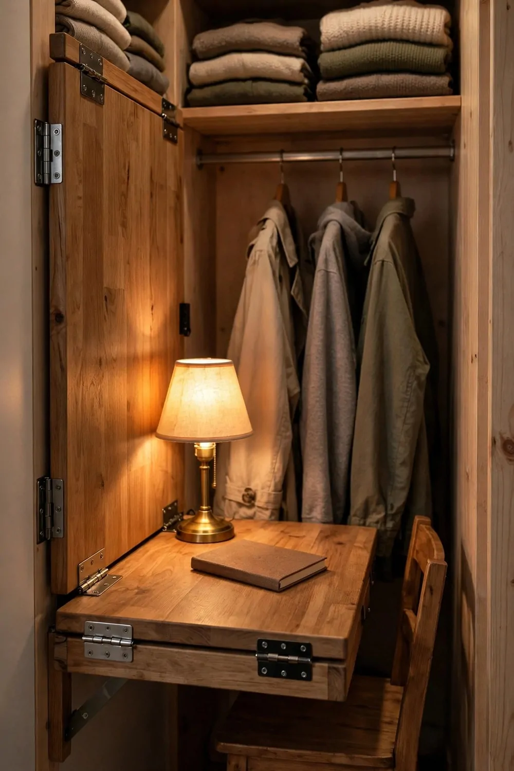 17 Tiny Closet Office Ideas for Even the Smallest Spaces 2 A wall-mounted fold-down wooden desk in a tiny closet with visible metal hinges, holding a lit lamp and a closed blank notebook, with a small wooden chair beside it, plain clothes hanging behind and folded clothes on shelves above.