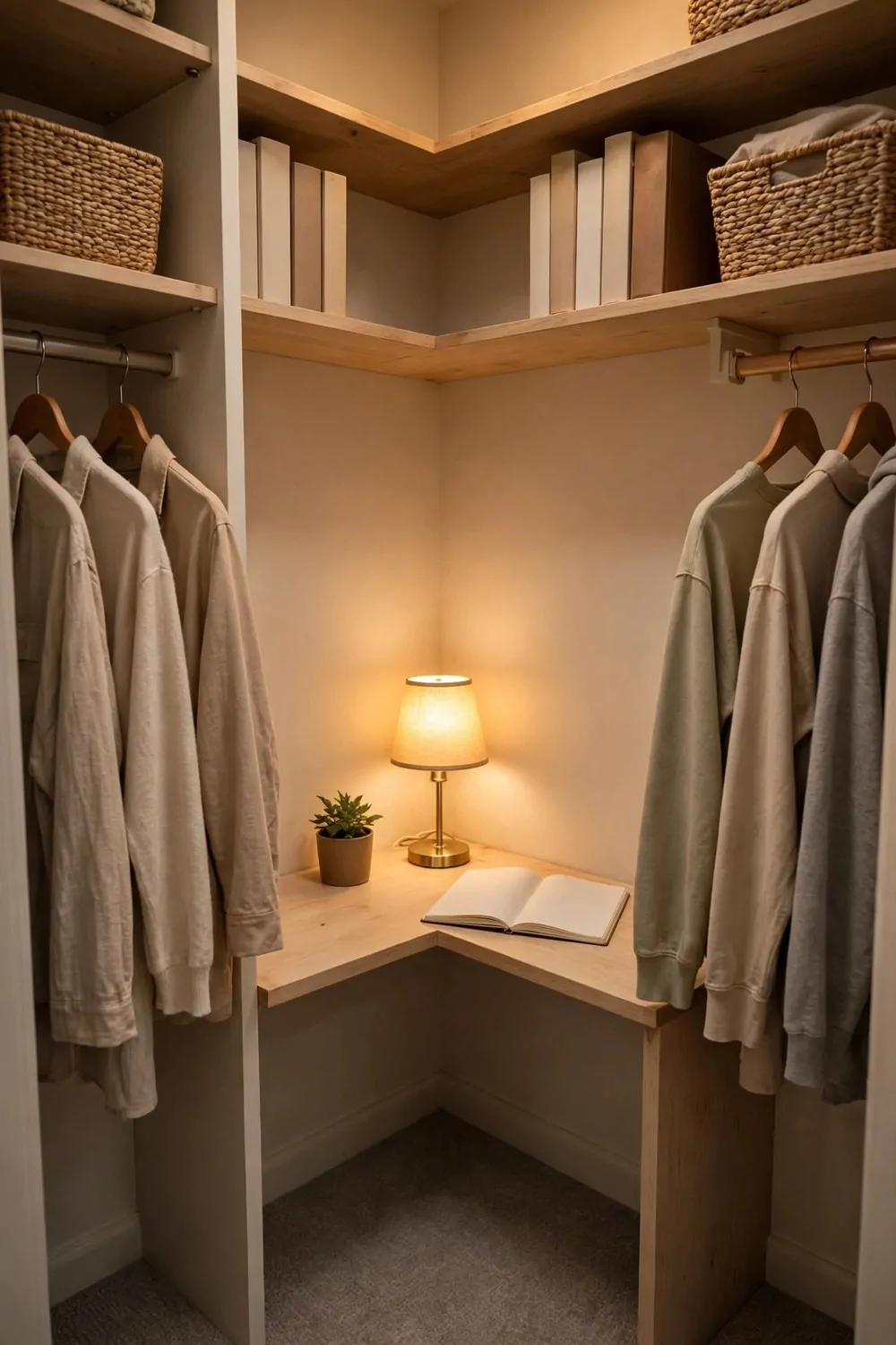 17 Tiny Closet Office Ideas for Even the Smallest Spaces 3 An L-shaped light wood corner desk fitted into the corner of a small closet, holding a glowing lamp, a small potted plant and an open notebook with blank pages; corner shelves above hold plain books with blank spines and baskets, with plain clothes hanging on both sides.
