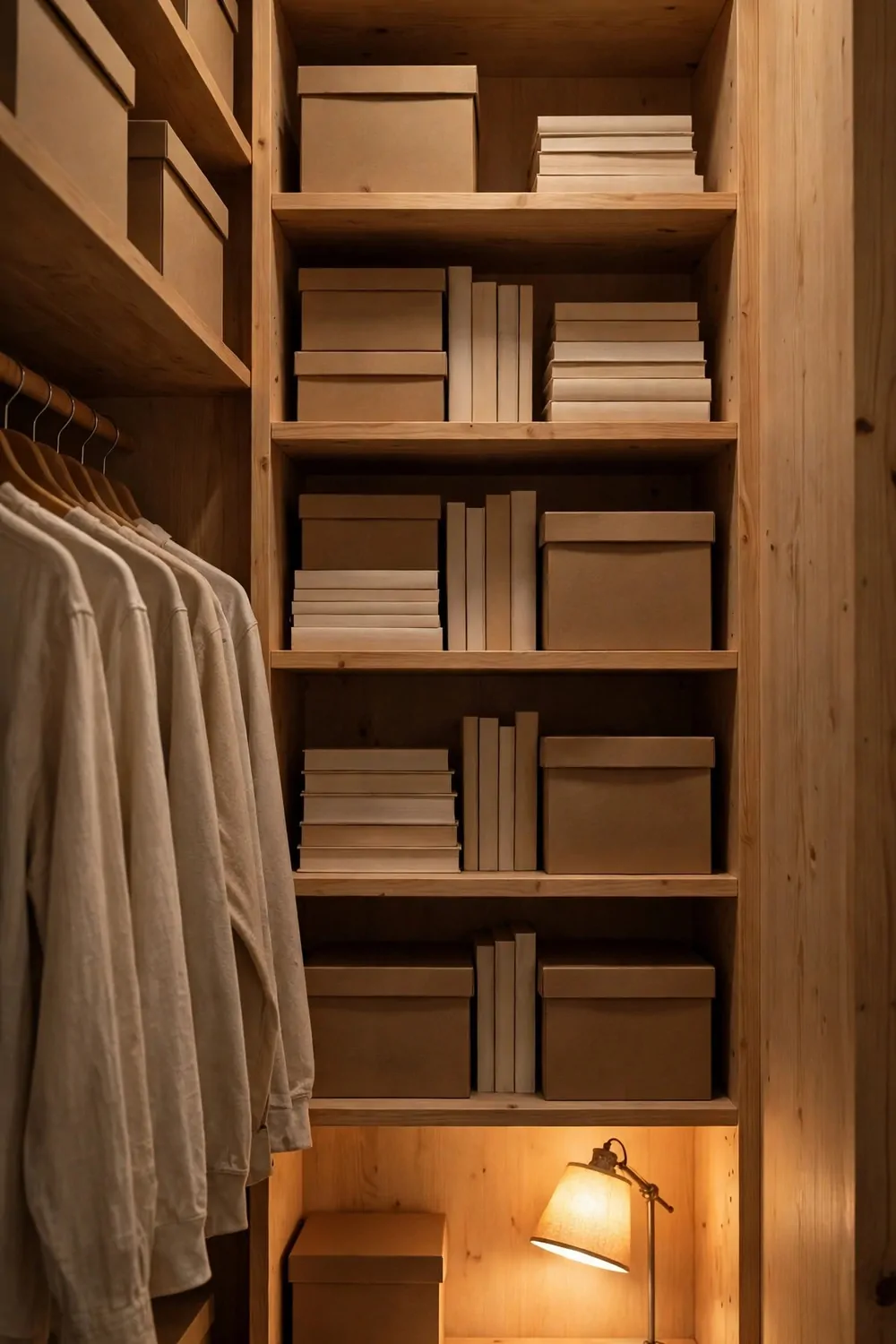 17 Tiny Closet Office Ideas for Even the Smallest Spaces 4 Tall light wood closet shelves filled with plain storage boxes and books with blank spines, plain clothes hanging at the left, and a glowing desk lamp at the bottom.