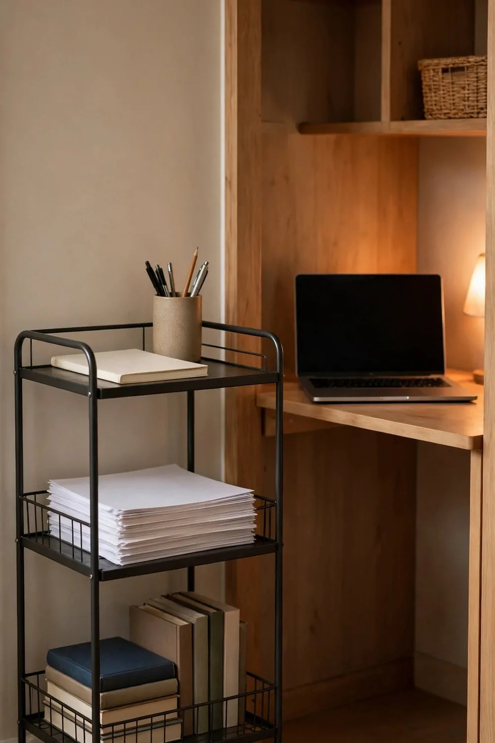 17 Tiny Closet Office Ideas for Even the Smallest Spaces 5 A black three-tier rolling cart holding a blank notebook and a pen cup on top, plain papers in the middle and books below, beside a small closet desk with a laptop with a blank dark screen.
