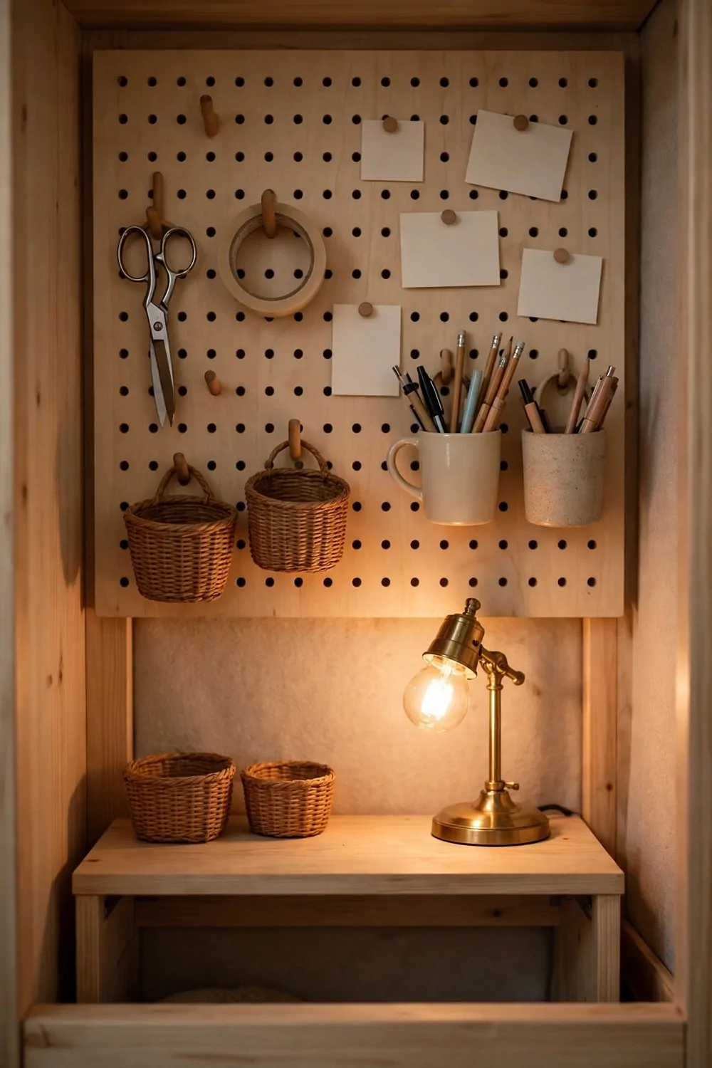 17 Tiny Closet Office Ideas for Even the Smallest Spaces 6 A light wood pegboard wall above a small closet desk holding scissors, a roll of tape, woven baskets, cups with pens and small blank pinned cards, with a lit brass lamp and two baskets on the desk below.