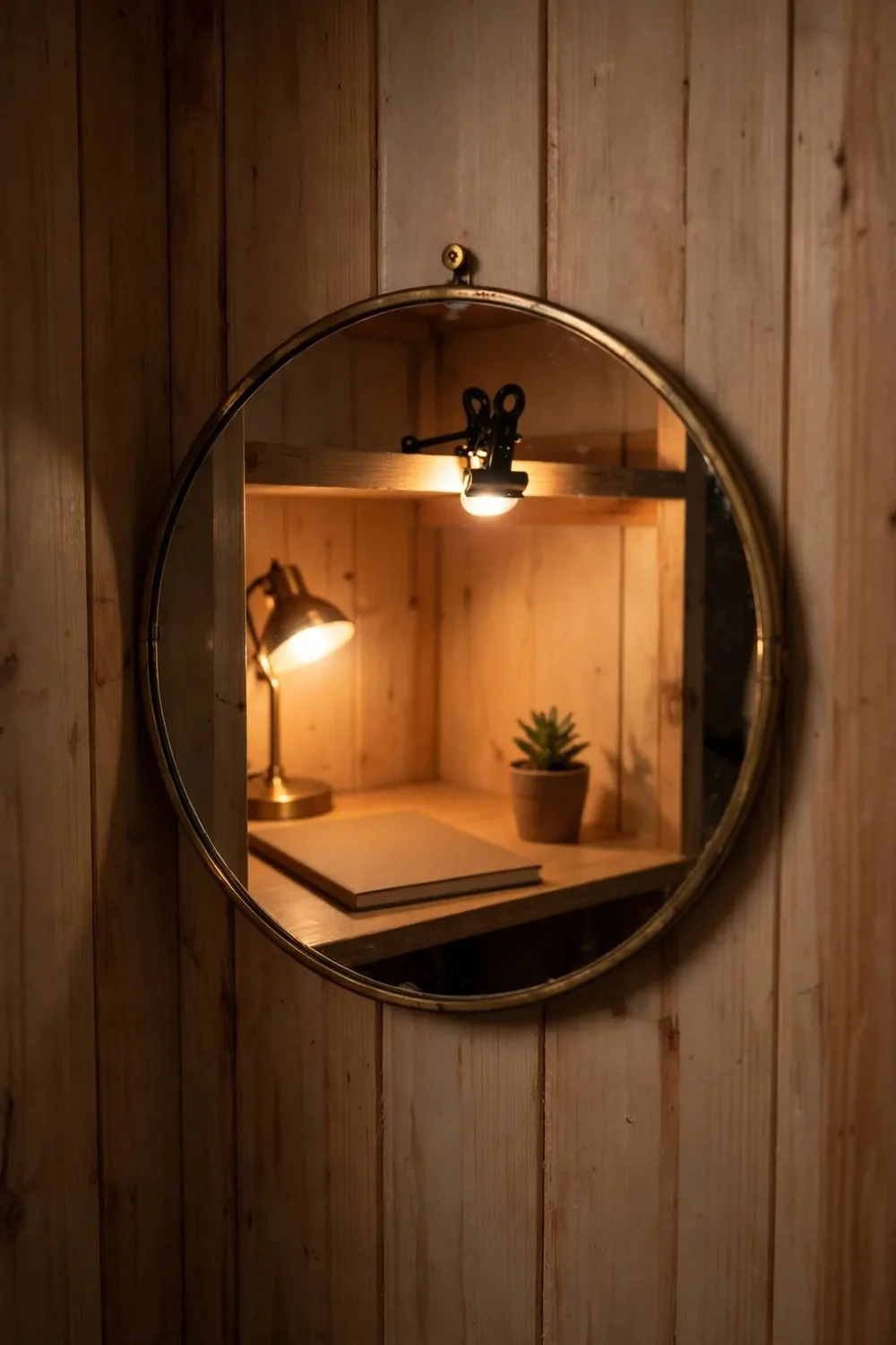 17 Tiny Closet Office Ideas for Even the Smallest Spaces 7 A round brass-framed mirror on a wood-paneled closet wall reflecting a small desk with a glowing lamp, a clip-on shelf light, a blank notebook and a small potted plant.