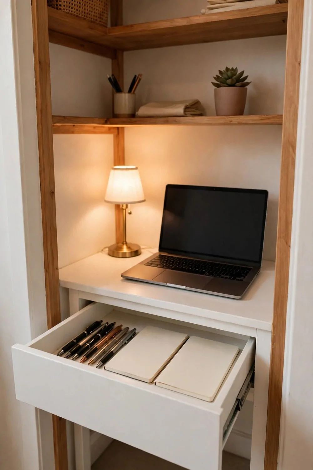 17 Tiny Closet Office Ideas for Even the Smallest Spaces 8 A white desk with a wide drawer open showing neat pens and two blank notebooks, a laptop with a blank dark screen and a glowing lamp on top, and wooden shelves above holding a plant and pens.