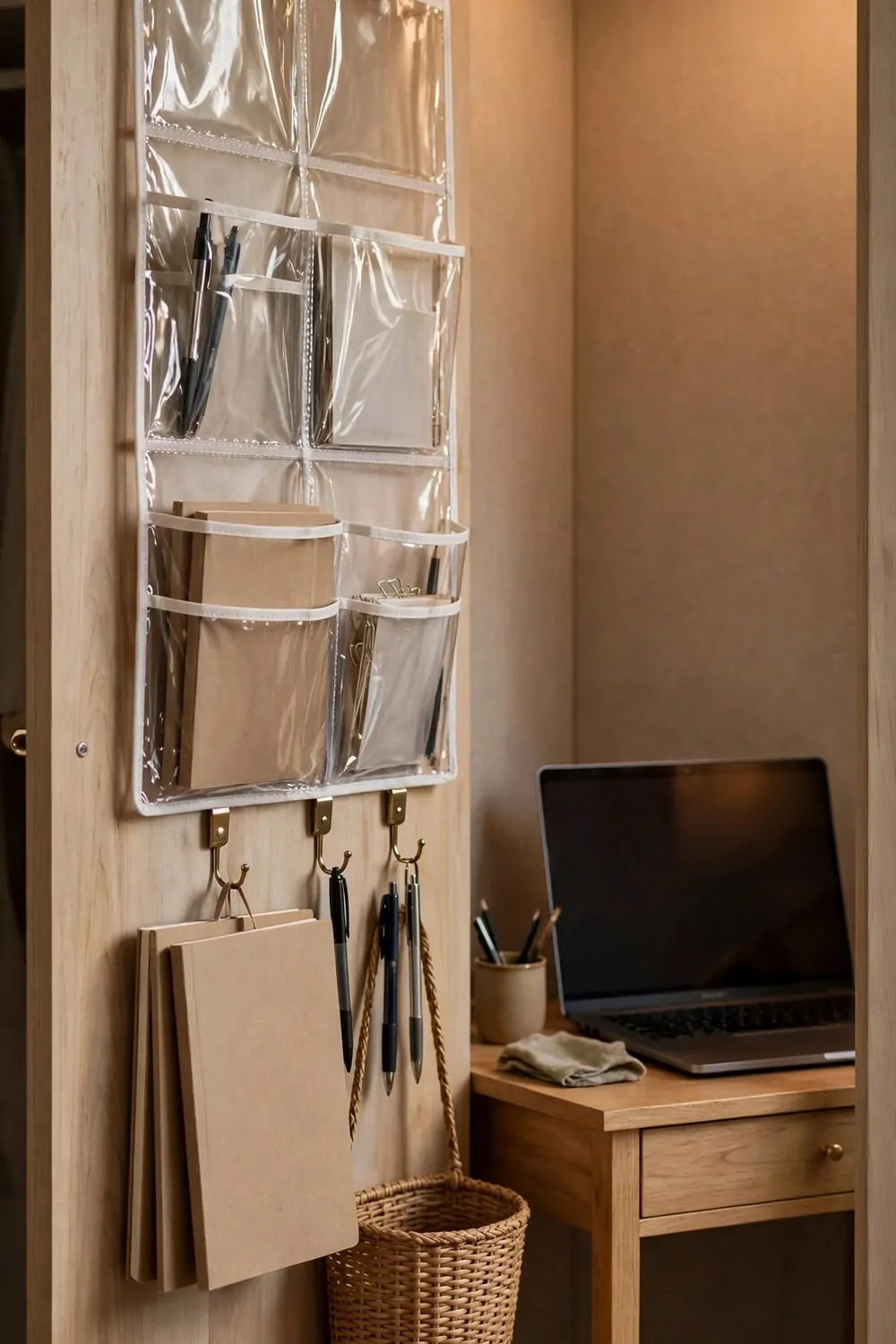 17 Tiny Closet Office Ideas for Even the Smallest Spaces 9 A wooden closet door fitted with clear hanging pockets and hooks holding blank notebooks, pens and a hanging woven basket, with a small wooden desk and a laptop with a blank dark screen beside the door.