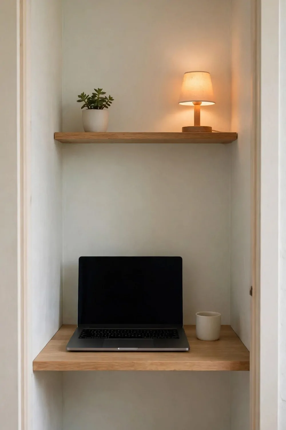 17 Tiny Closet Office Ideas for Even the Smallest Spaces 10 A minimal wall-mounted wooden desk holding only a laptop with a blank dark screen and one plain mug on a clear surface, with one shelf above holding a small plant and a warm lamp against a plain pale wall.