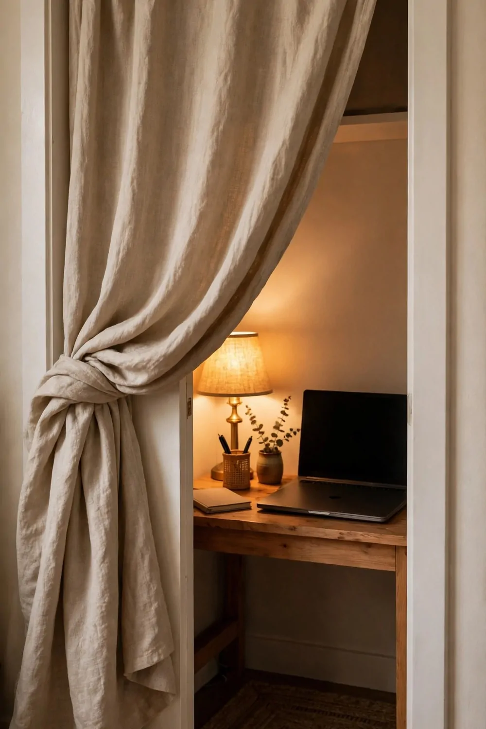 17 Tiny Closet Office Ideas for Even the Smallest Spaces 11 A beige linen curtain pulled halfway across a closet office doorway, revealing a wooden desk behind it with a laptop with a blank dark screen, a glowing lamp, a small vase and a woven rug below.