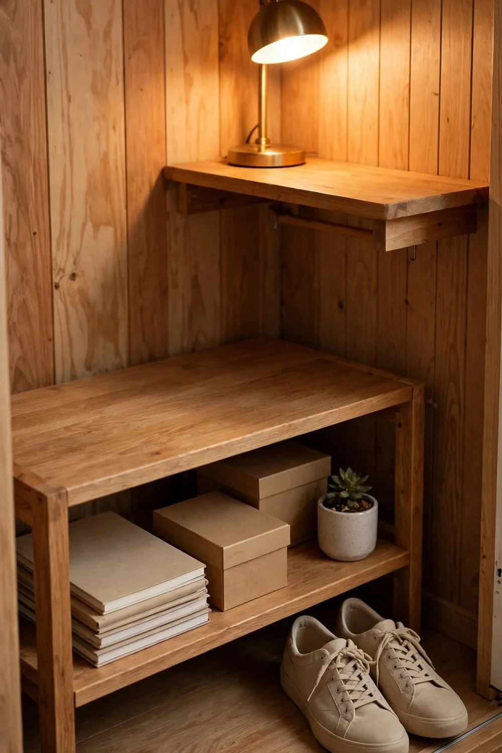 17 Tiny Closet Office Ideas for Even the Smallest Spaces 12 A low wooden shelf under a closet desk holding stacked blank notebooks, two plain boxes and a small potted succulent, with a pair of plain beige shoes on the floor below and a glowing brass lamp on the desk shelf above.