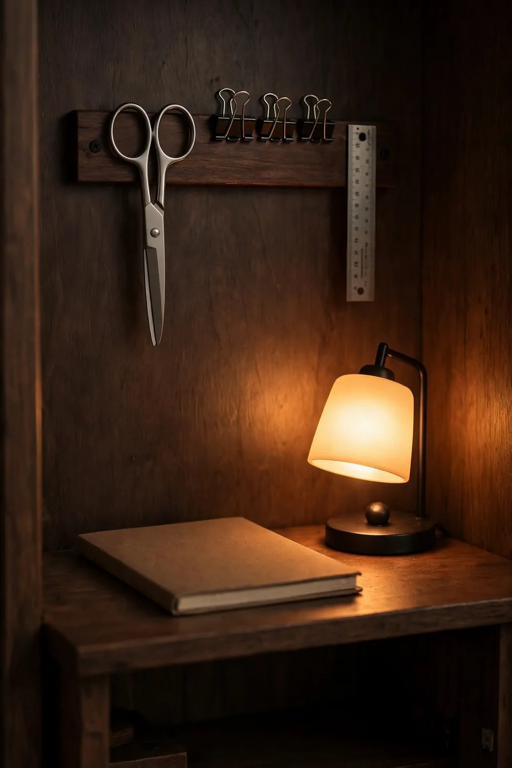 17 Tiny Closet Office Ideas for Even the Smallest Spaces 13 A dark wooden wall strip holding scissors, binder clips and a small metal ruler, above a small desk with a blank closed notebook and a glowing lamp.