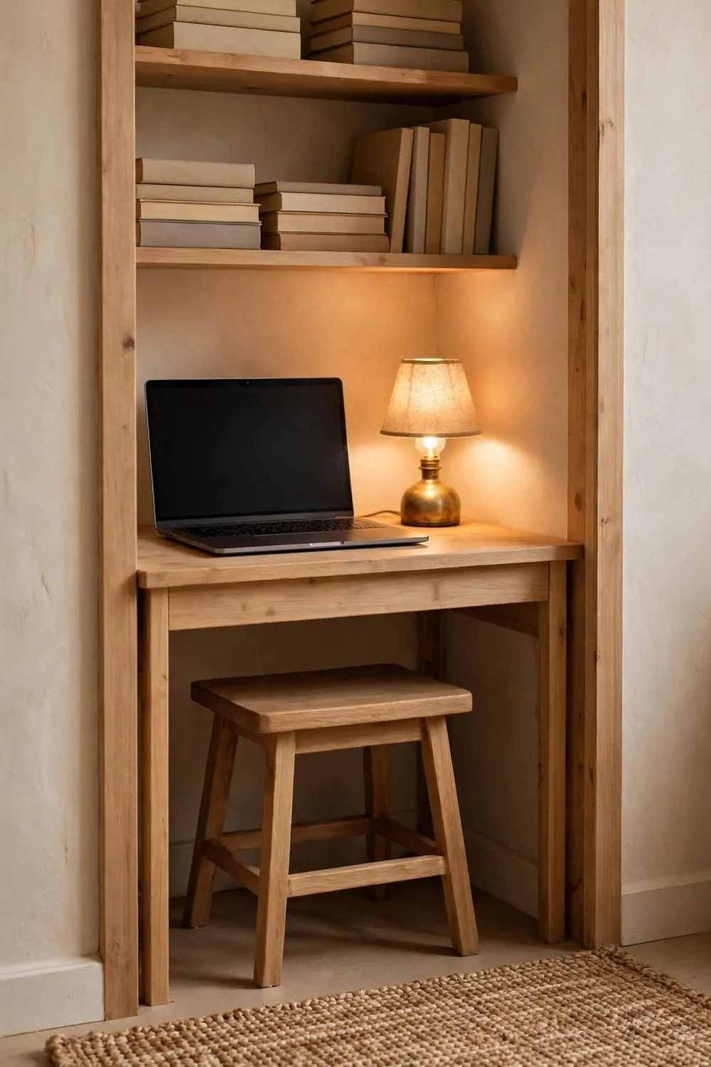 17 Tiny Closet Office Ideas for Even the Smallest Spaces 14 A wooden backless stool tucked under a closet desk holding a laptop with a blank dark screen and a glowing lamp, with shelves above holding plain books with blank spines and a woven rug in the foreground.