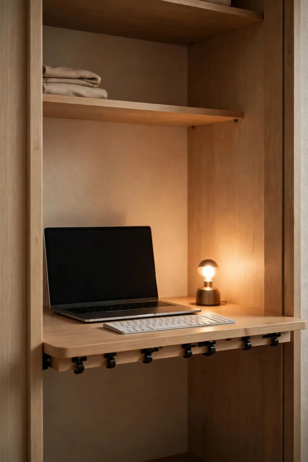 17 Tiny Closet Office Ideas for Even the Smallest Spaces 15 A clean closet desk with a laptop with a blank dark screen, a slim white wireless keyboard, a small glowing lamp and small black cable clips under the desk edge, with folded linens on the shelf above and no visible cables.