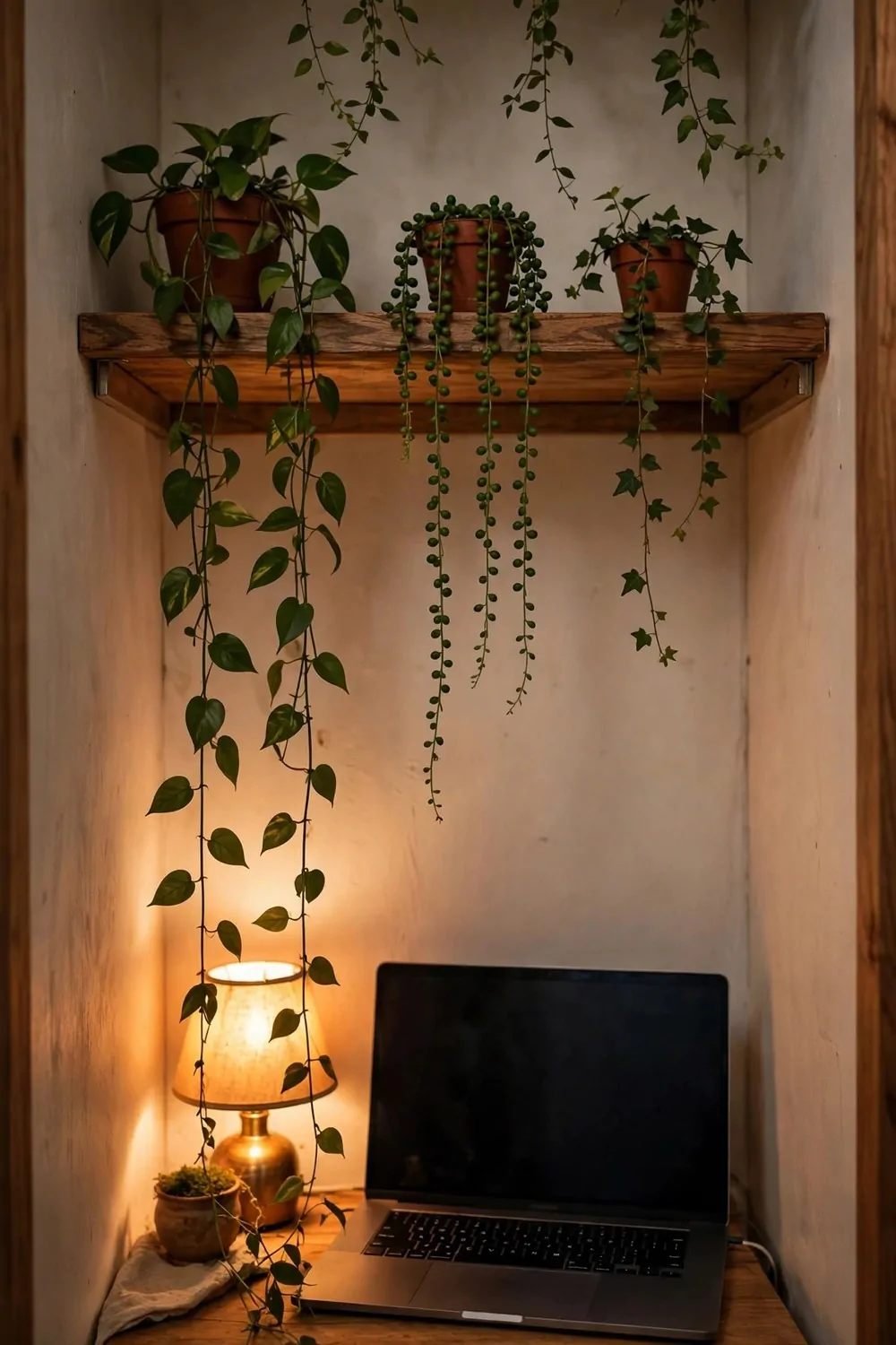 17 Tiny Closet Office Ideas for Even the Smallest Spaces 16 A narrow wood ledge high on a tiny closet wall holding three terracotta pots with trailing plants hanging down, above a small wooden desk with a glowing lamp and a laptop with a blank dark screen.