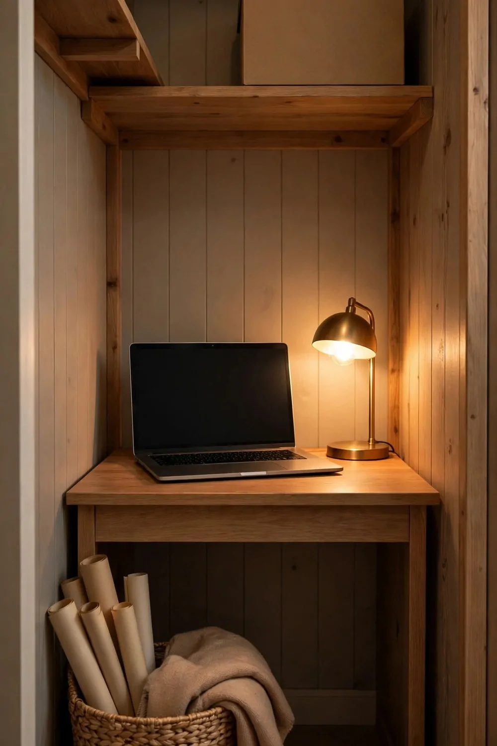 17 Tiny Closet Office Ideas for Even the Smallest Spaces 17 A tidy wooden desk in a wood-paneled closet nook holding a laptop with a blank dark screen and a glowing brass lamp, with one plain box on the shelf above and a woven basket below holding rolled plain papers and a folded throw blanket.
