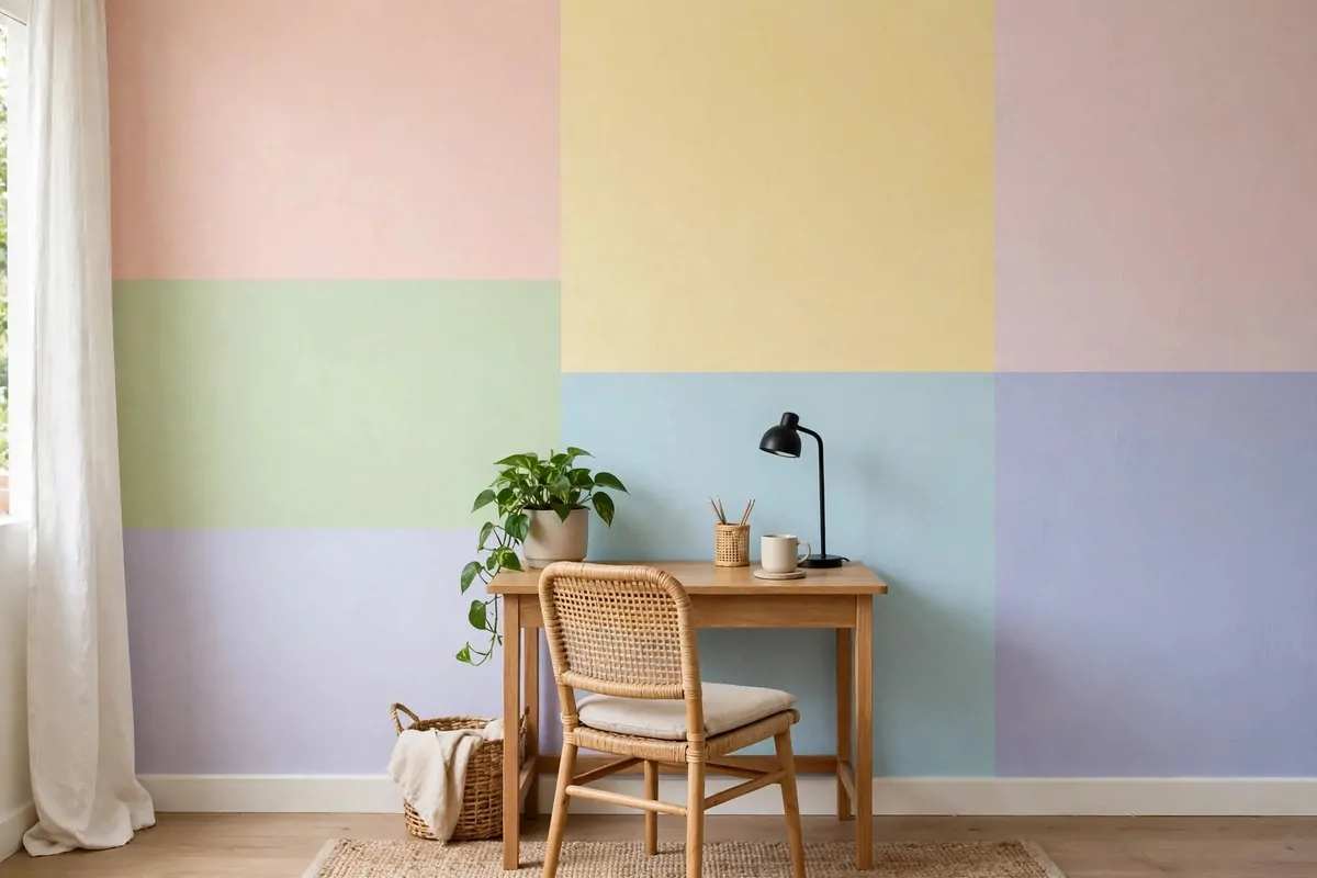 17 Toca Boca Office Ideas Players Are Obsessed With 1 A home office wall painted with soft rainbow color blocks behind a small desk with a chair and a plant
