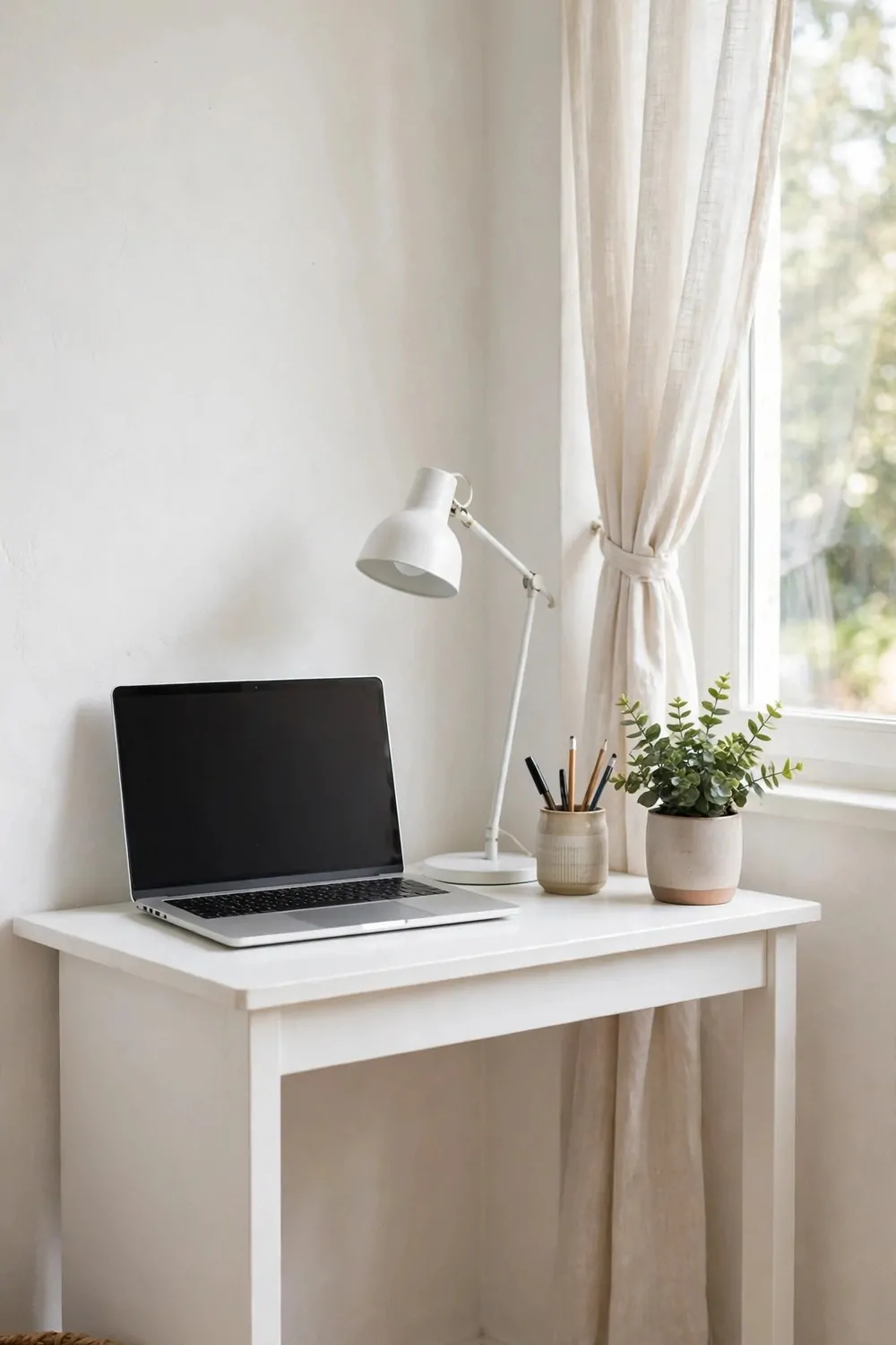 17 Toca Boca Office Ideas Players Are Obsessed With 2 A small white corner desk with a laptop, a lamp, a pen cup and a small plant in a bright corner