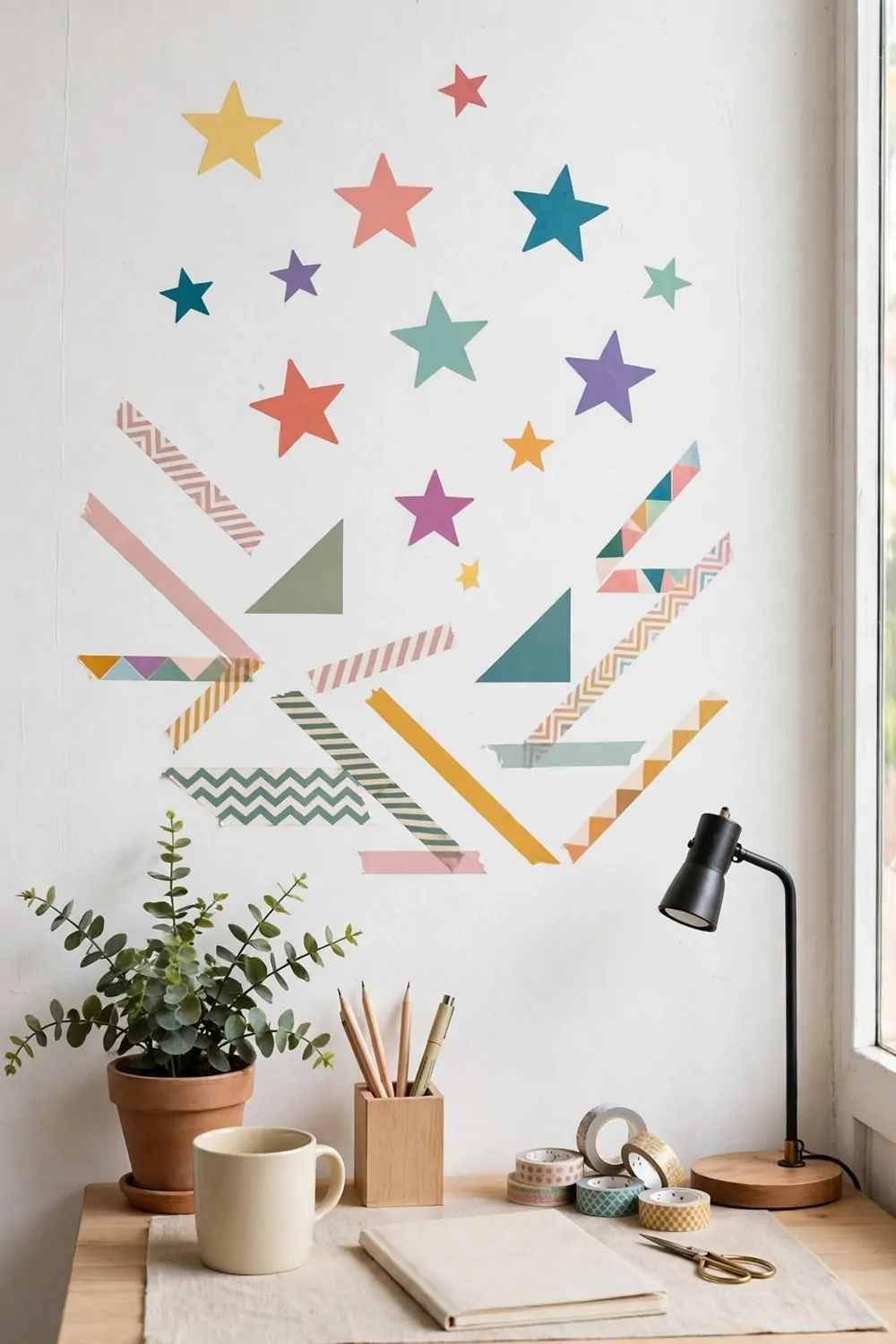 17 Toca Boca Office Ideas Players Are Obsessed With 3 A white wall with removable colorful star decals and washi tape shapes above a small desk