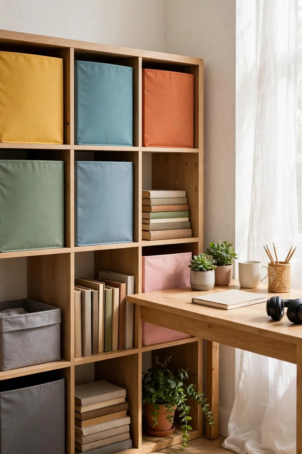 17 Toca Boca Office Ideas Players Are Obsessed With 4 A cube storage shelf with colorful fabric bins, books and a small plant beside a desk