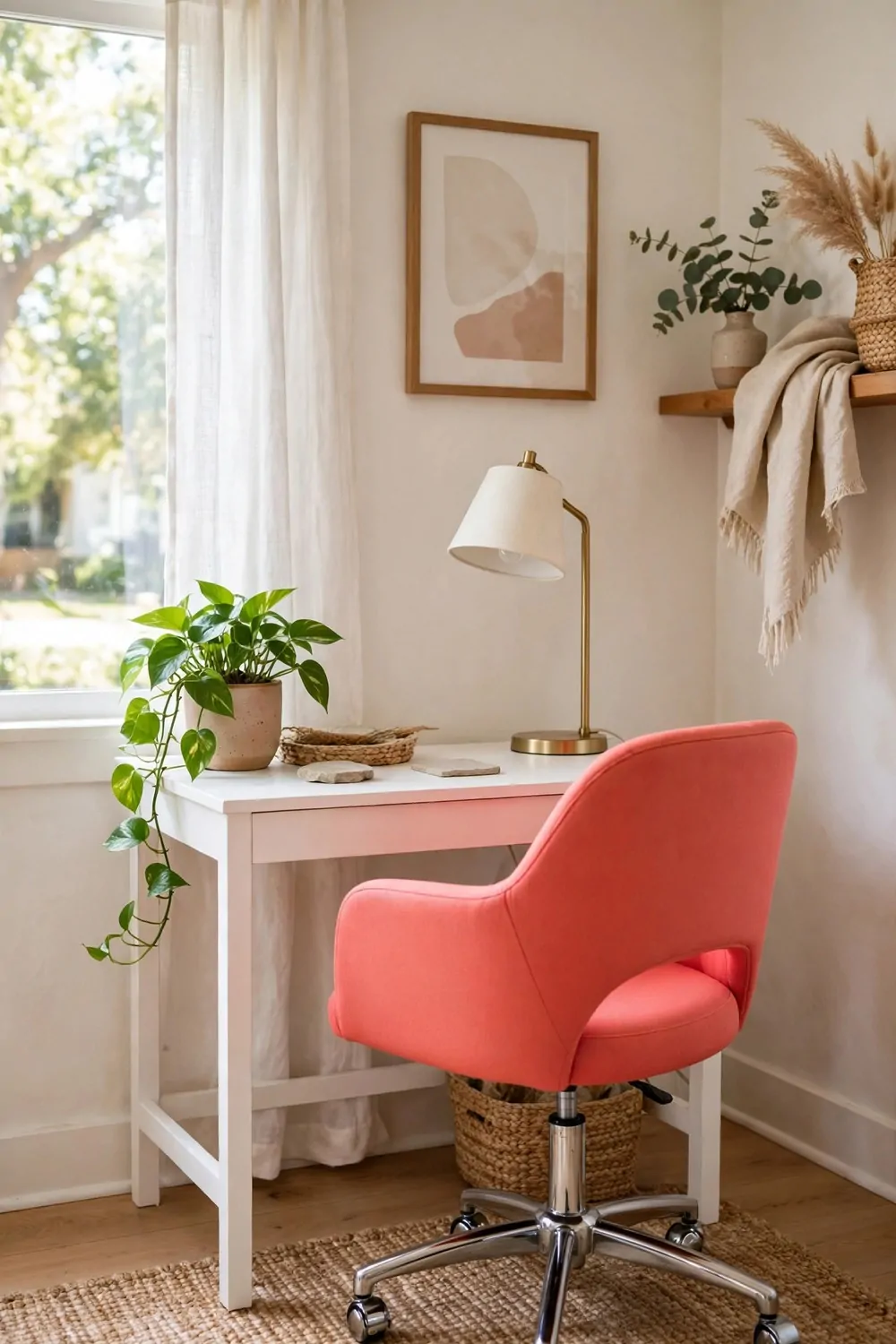 17 Toca Boca Office Ideas Players Are Obsessed With 5 A bright coral swivel chair at a small white desk with a lamp and a plant