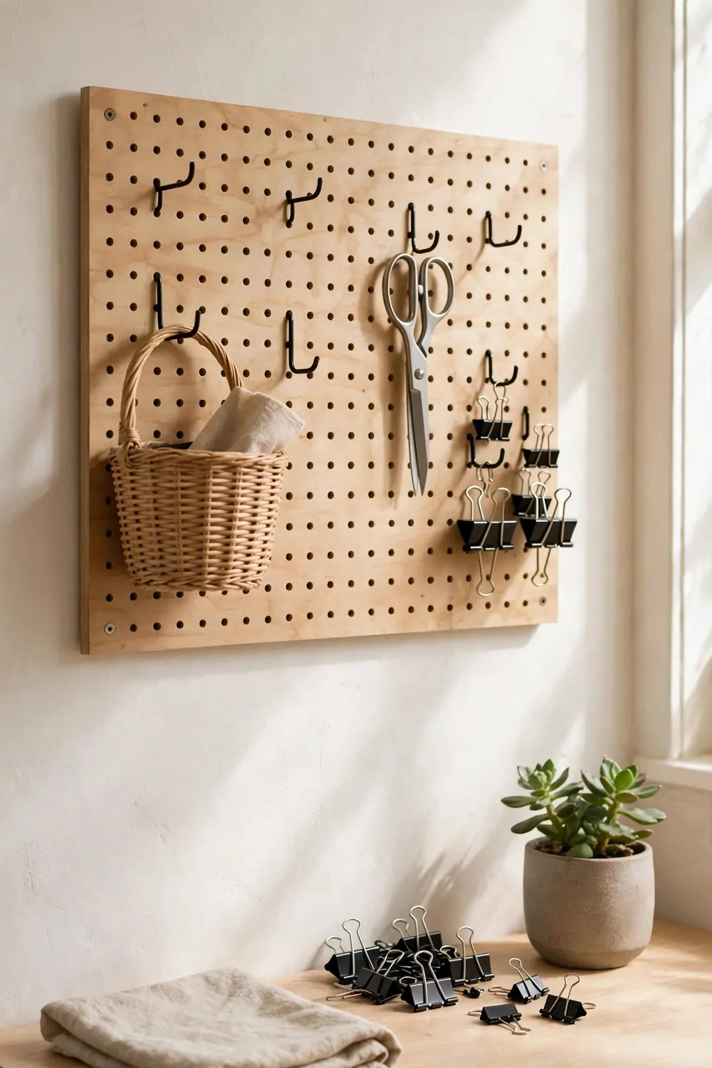 17 Toca Boca Office Ideas Players Are Obsessed With 6 A wooden pegboard on a wall with hooks, a small basket, scissors and clips beside a desk