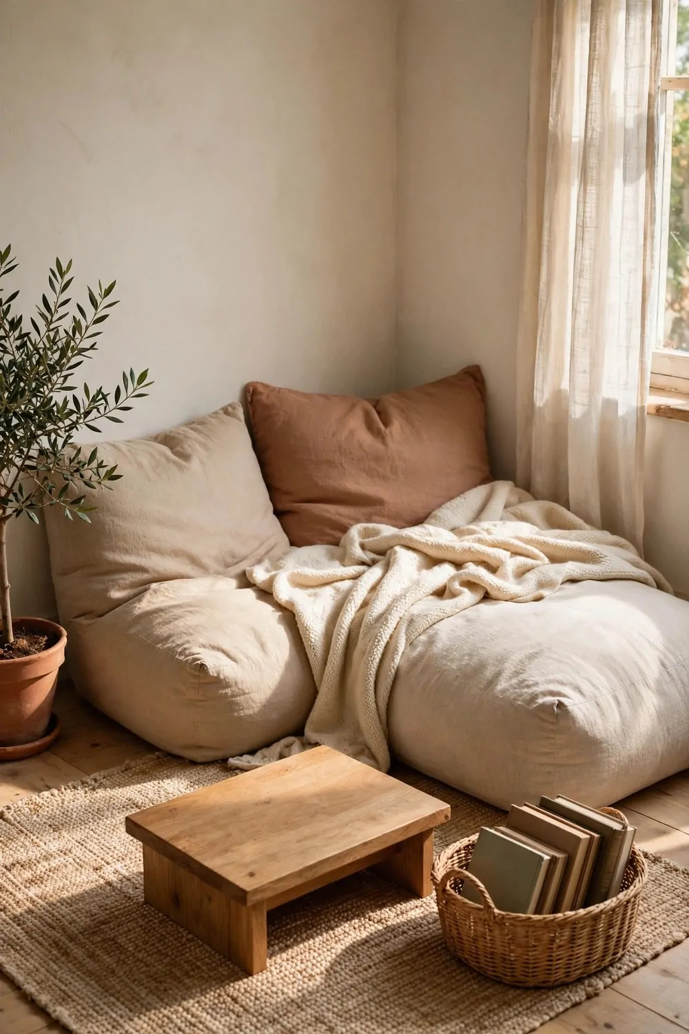 17 Toca Boca Office Ideas Players Are Obsessed With 7 A cozy floor corner with big floor cushions, a low wooden table, a soft blanket and a basket of books