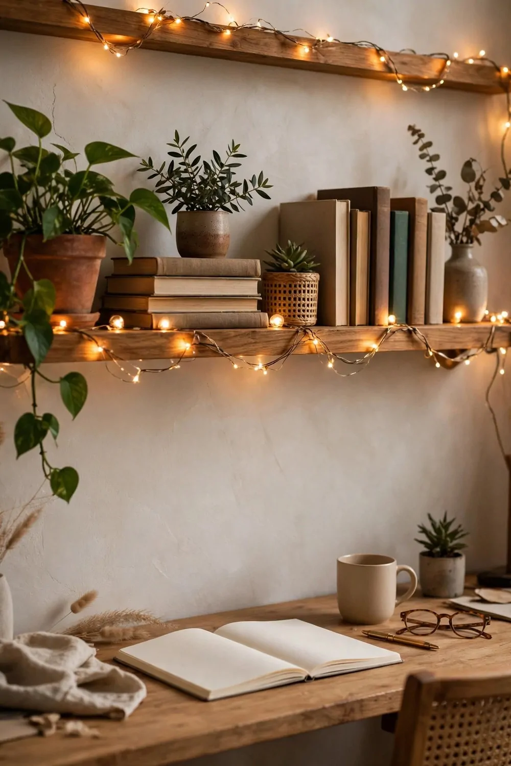 17 Toca Boca Office Ideas Players Are Obsessed With 8 Warm fairy lights draped along a wooden shelf with plants and books in a home office