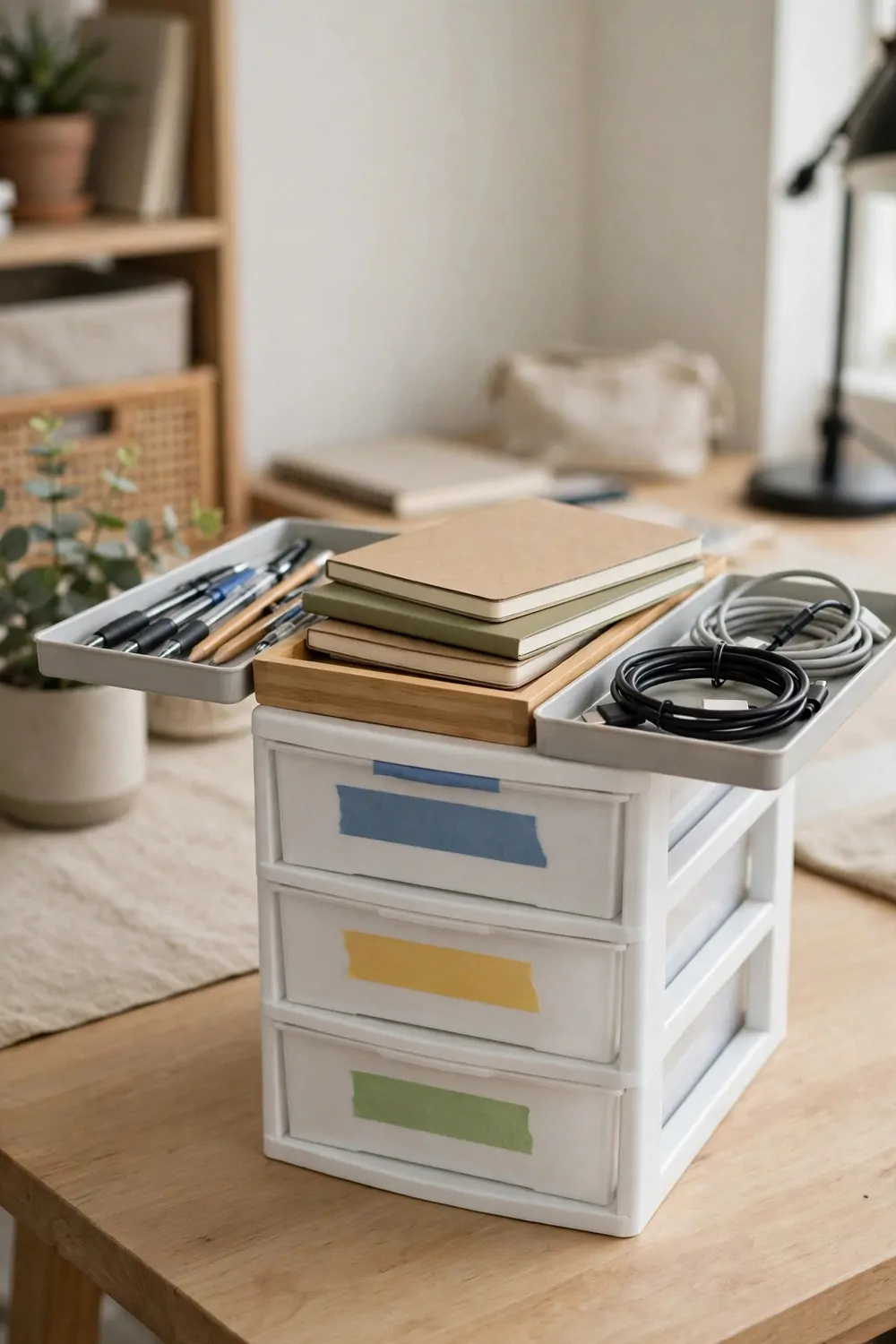 17 Toca Boca Office Ideas Players Are Obsessed With 9 A small drawer unit with colored tape labels and trays holding pens, notebooks and cables