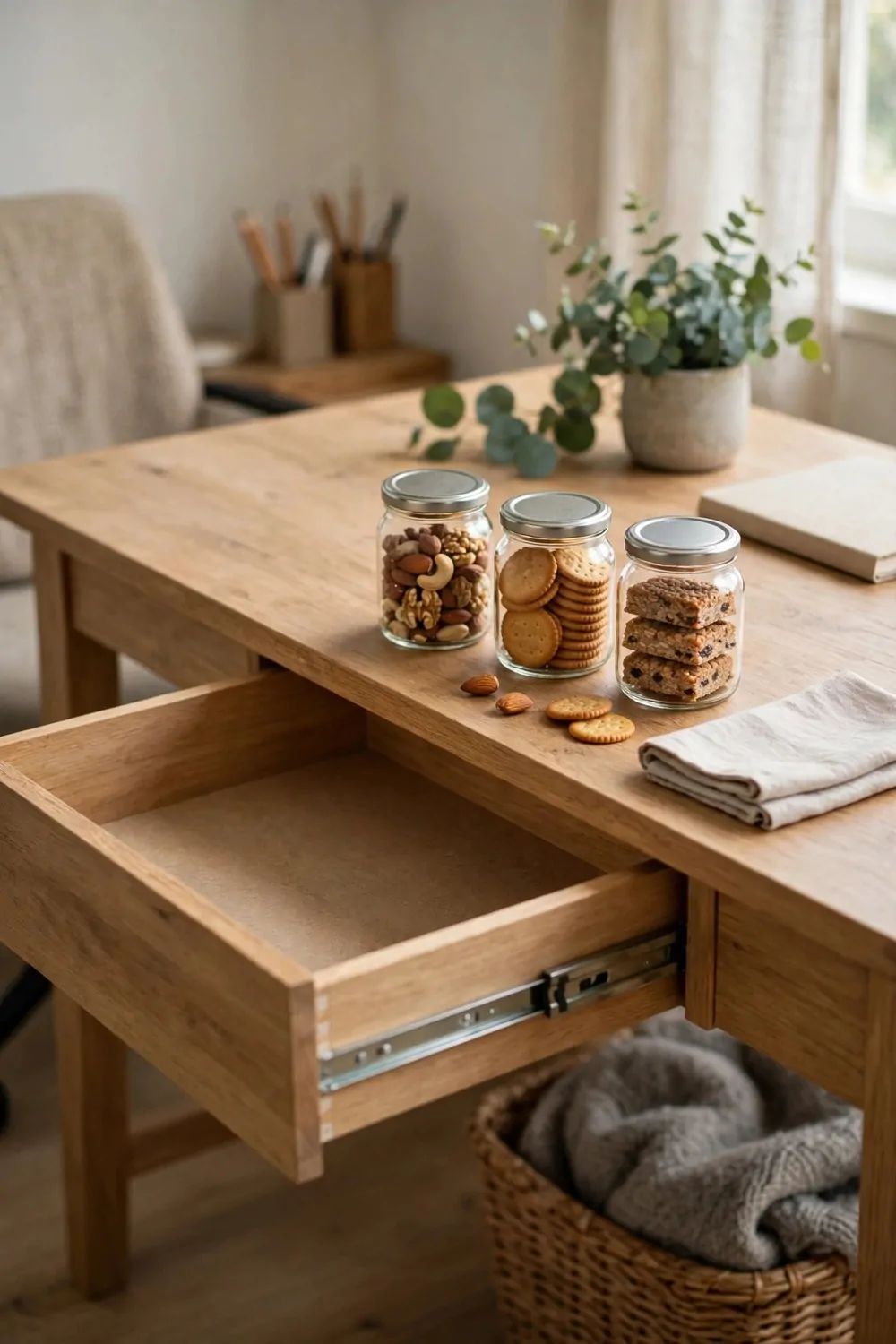 17 Toca Boca Office Ideas Players Are Obsessed With 10 An open empty wooden desk drawer with three small jars of nuts, crackers and fruit bars on the desk beside it
