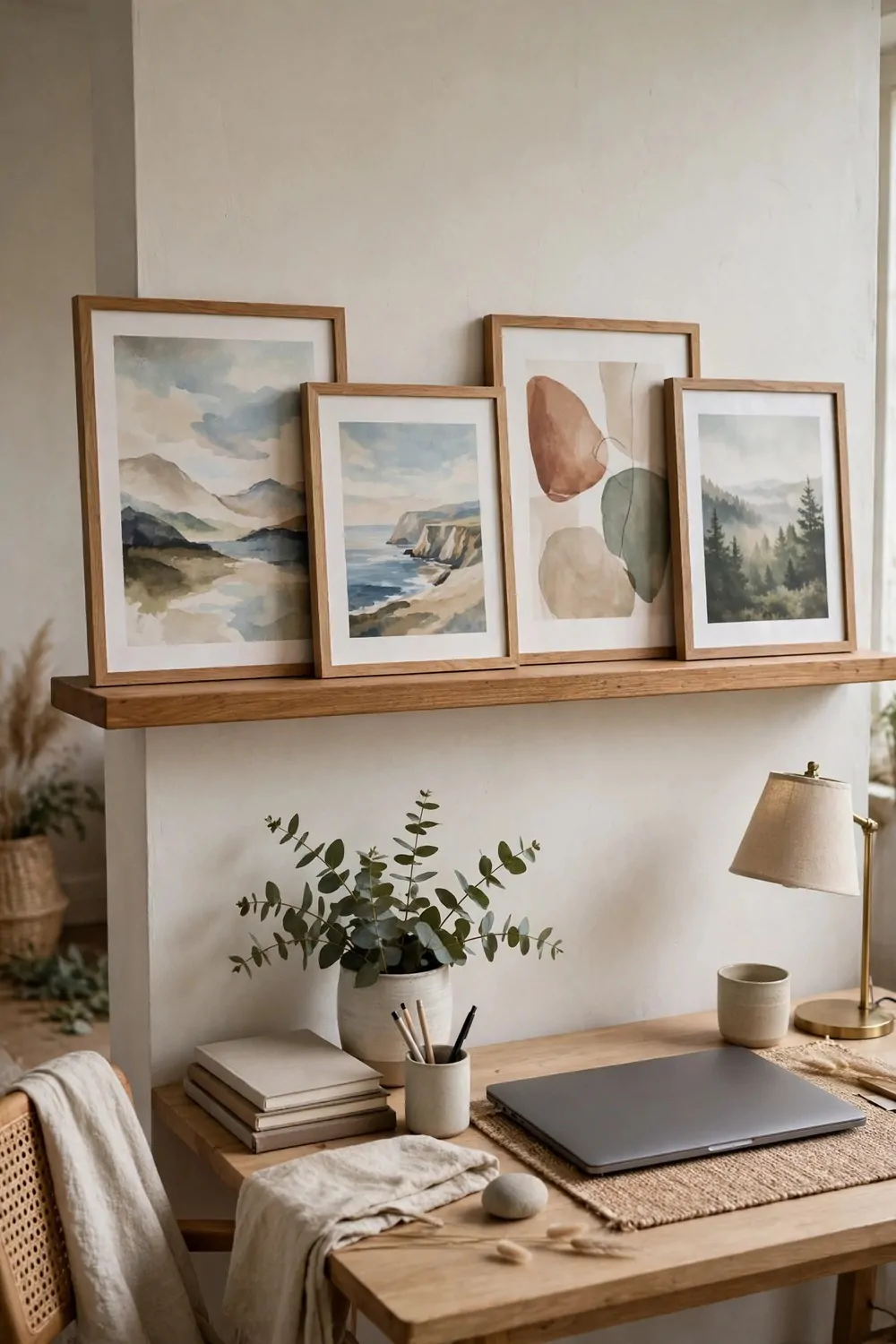 17 Toca Boca Office Ideas Players Are Obsessed With 11 A wooden picture ledge with framed photos and prints above a desk in a home office