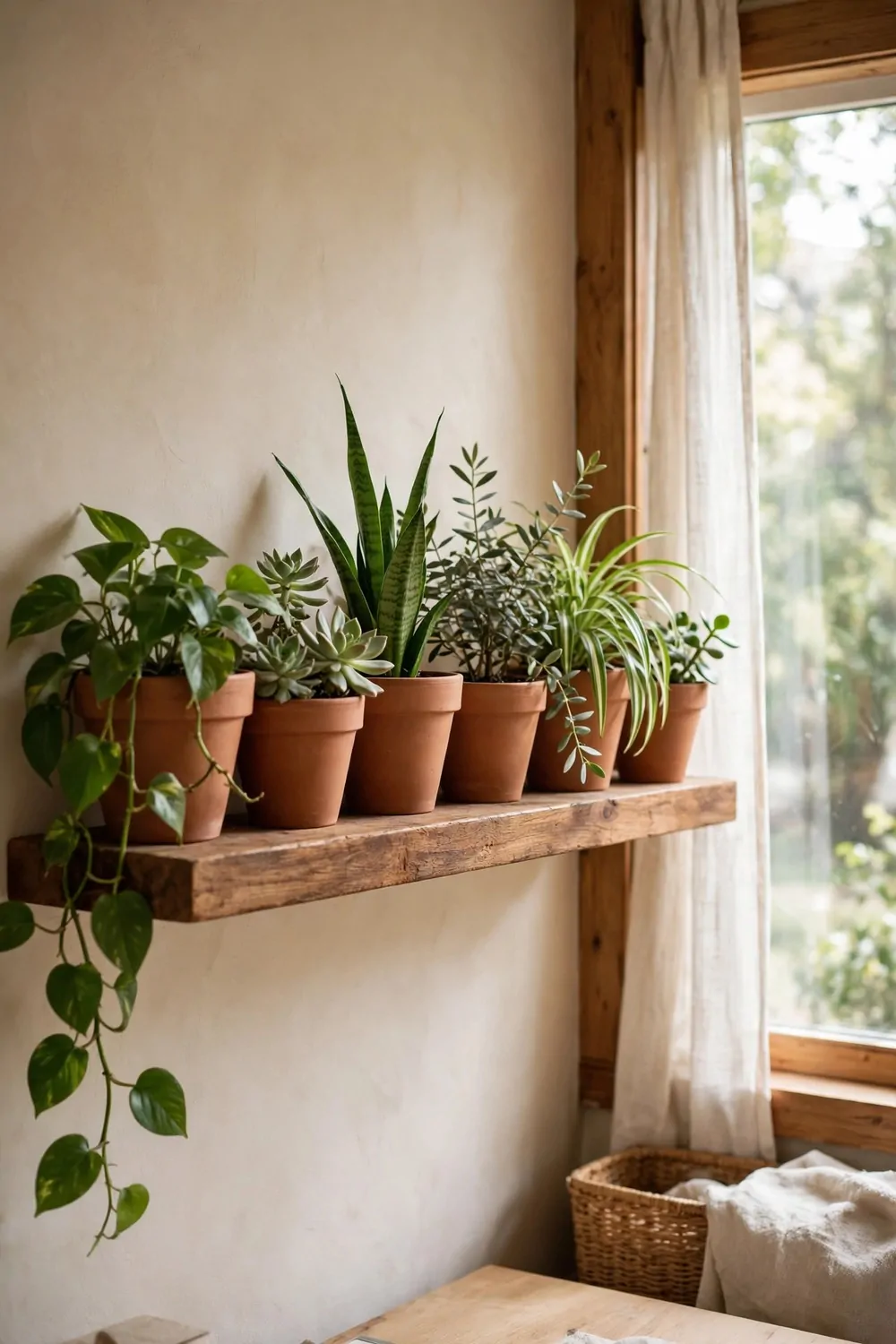 17 Toca Boca Office Ideas Players Are Obsessed With 12 A wooden shelf full of potted plants in matching terracotta pots near a bright window