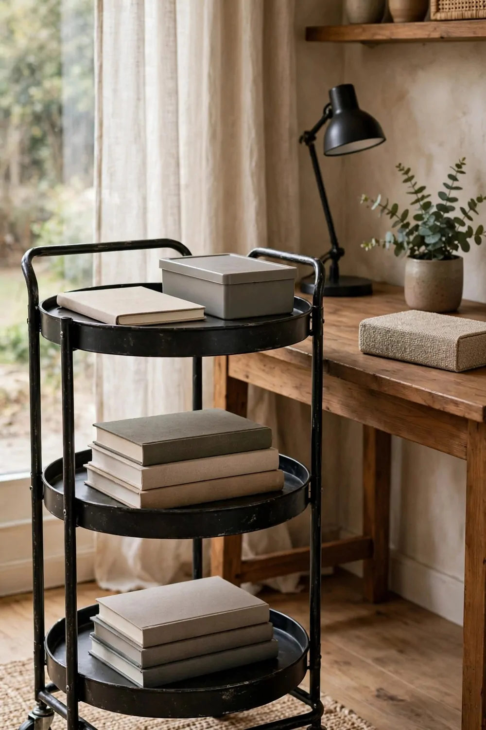 17 Toca Boca Office Ideas Players Are Obsessed With 13 A three-tier rolling cart with a notebook, a project box and books beside a desk