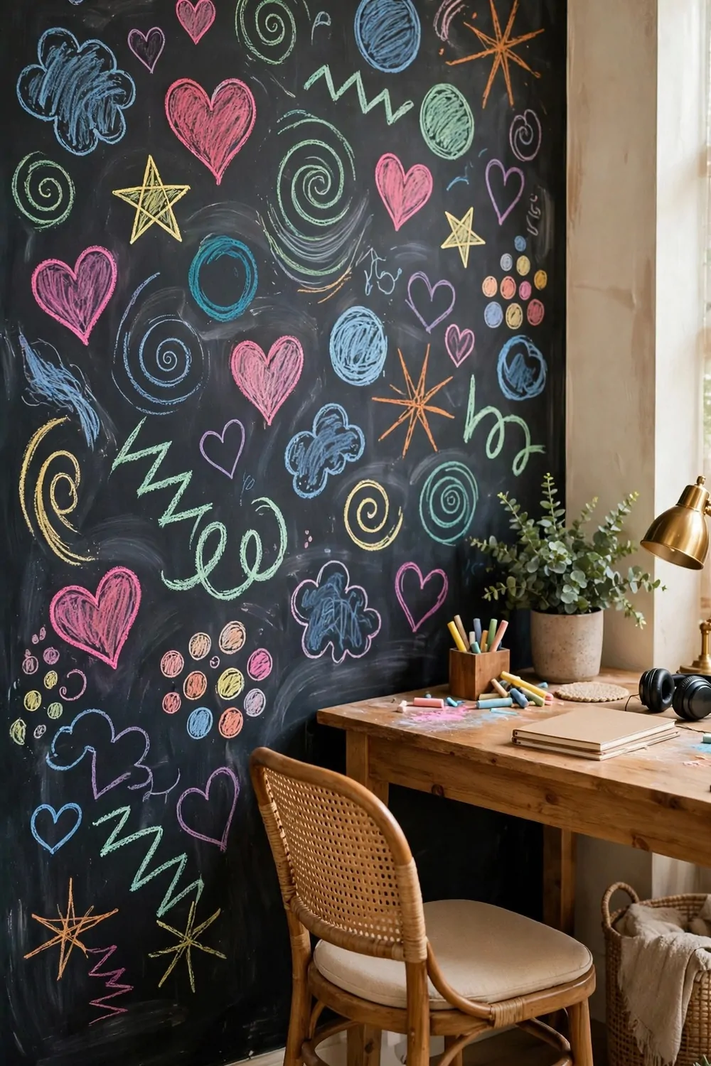 17 Toca Boca Office Ideas Players Are Obsessed With 14 A large dark chalkboard wall with colorful chalk shapes, stars and doodles beside a desk with a chair