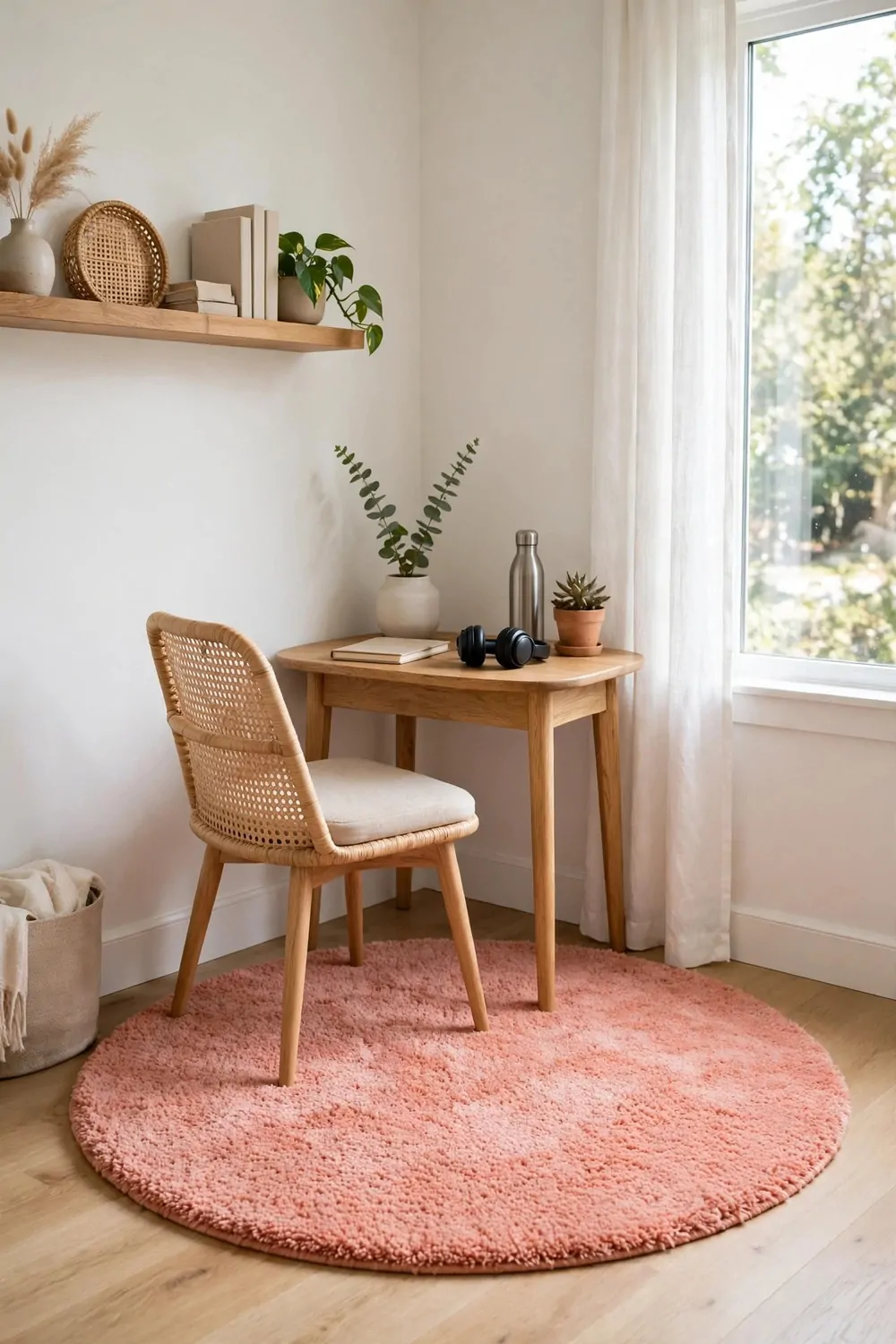 17 Toca Boca Office Ideas Players Are Obsessed With 15 A round soft coral rug under a small desk and chair in a bright home office corner