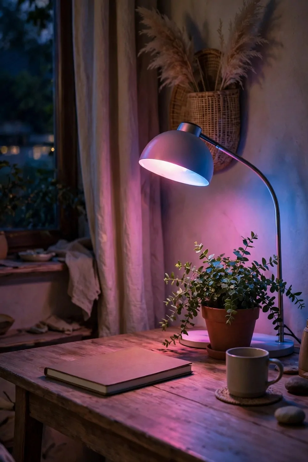 17 Toca Boca Office Ideas Players Are Obsessed With 16 A desk lamp glowing soft pink and blue light on a desk with a notebook and a plant in the evening