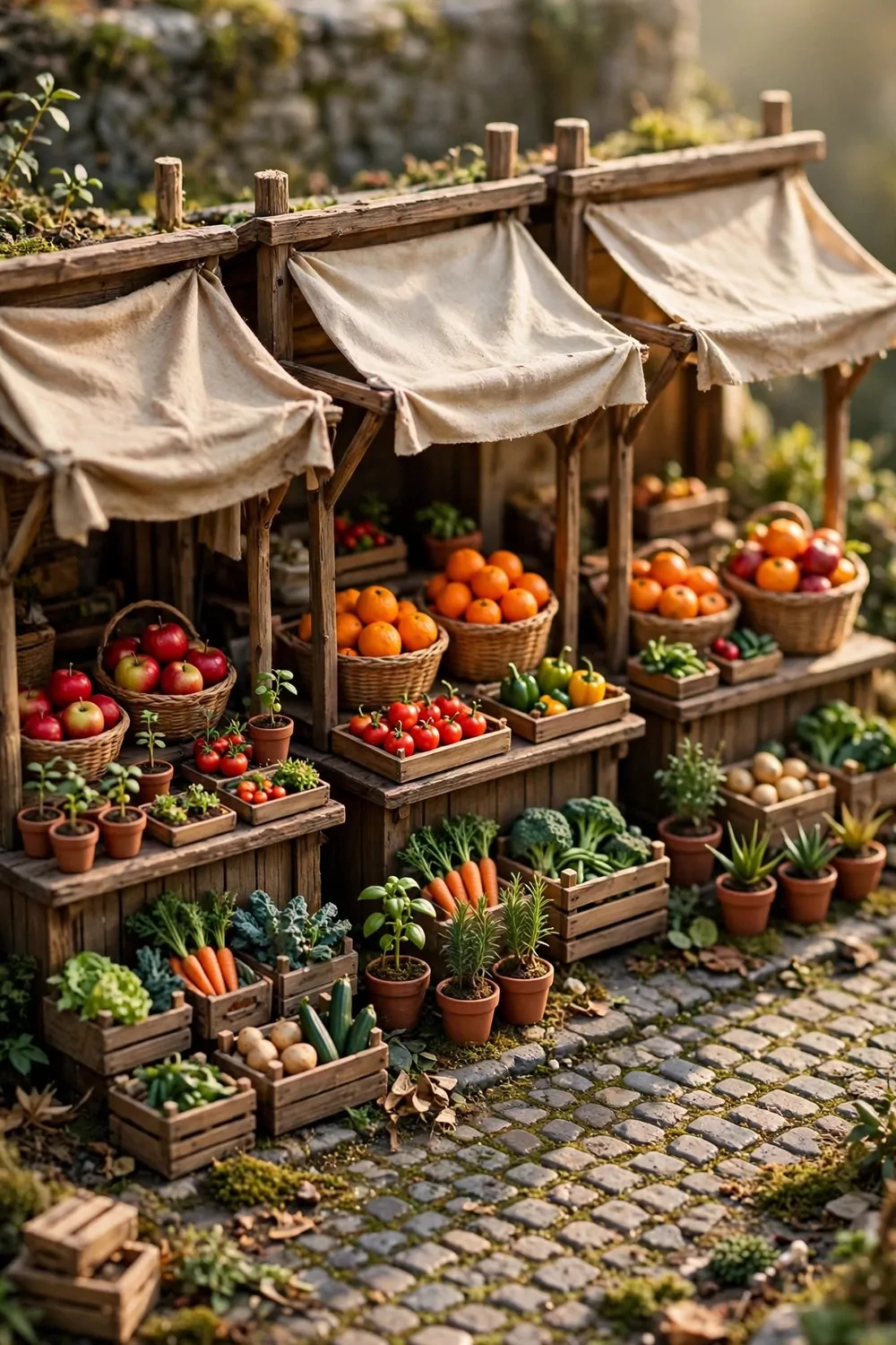 Wooden market stalls with food trays, fruit baskets and potted plants on a cobblestone path