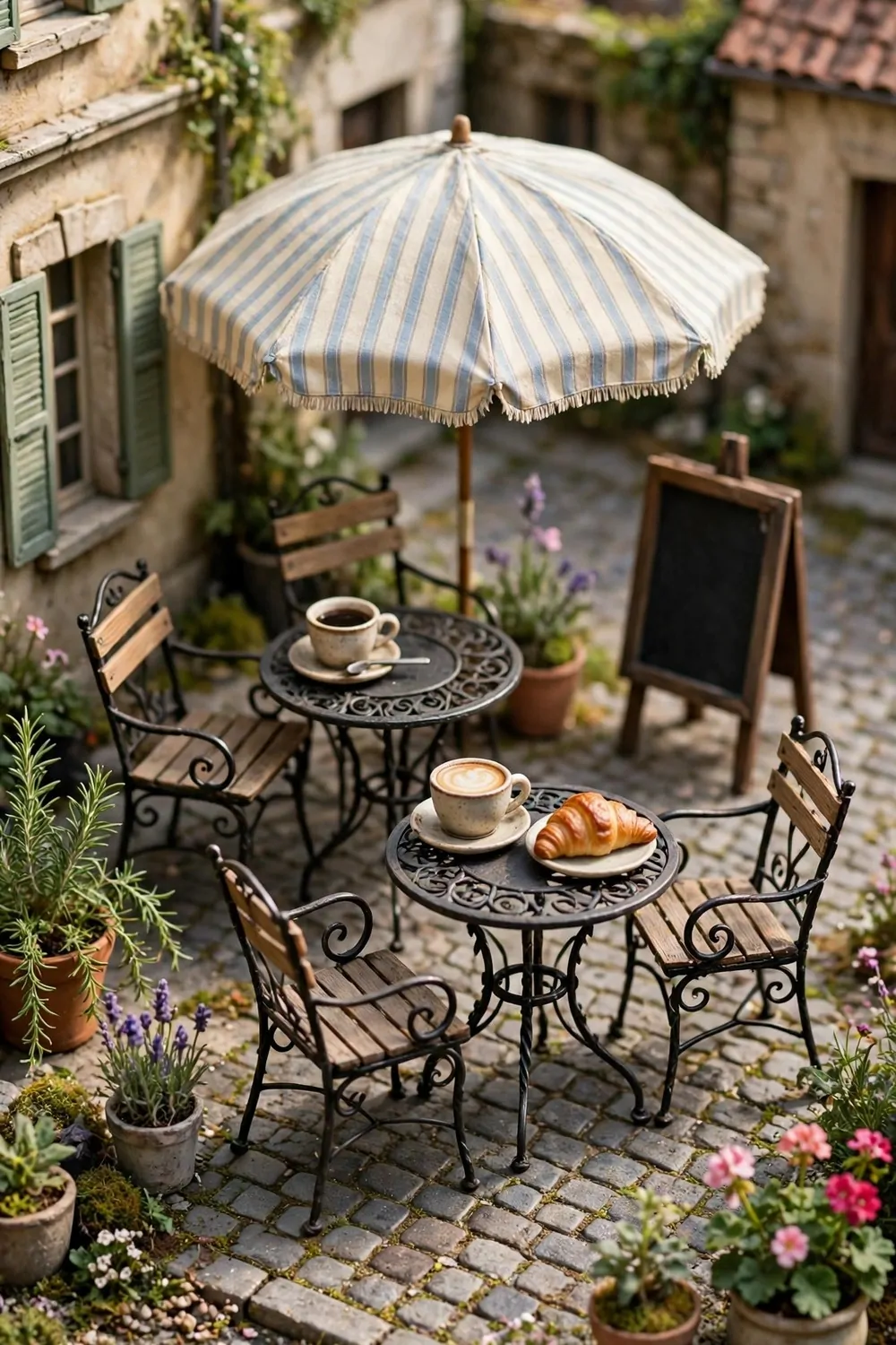 Wrought iron cafe tables with coffee cups, chairs and potted plants under a striped umbrella