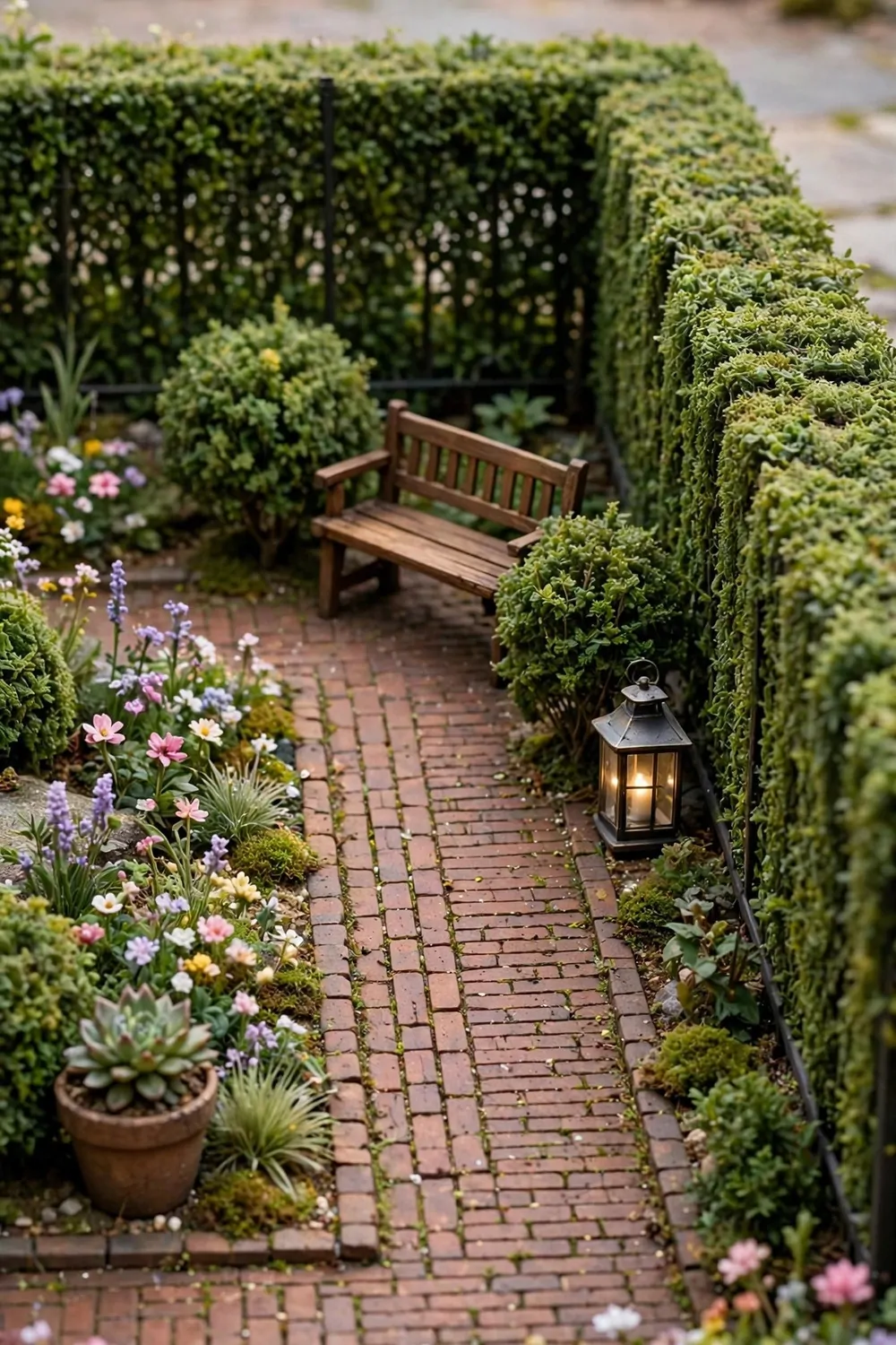 Trimmed hedge fencing along a brick walkway with a wooden bench and garden lantern