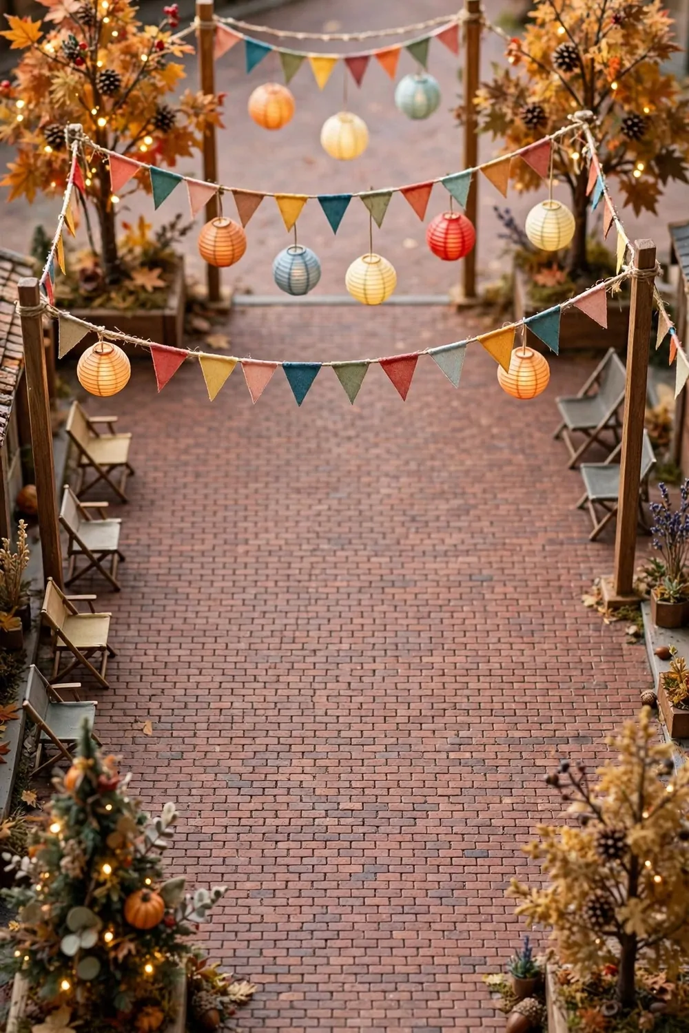 An open brick festival square with bunting, paper lanterns and folding chairs along the sides