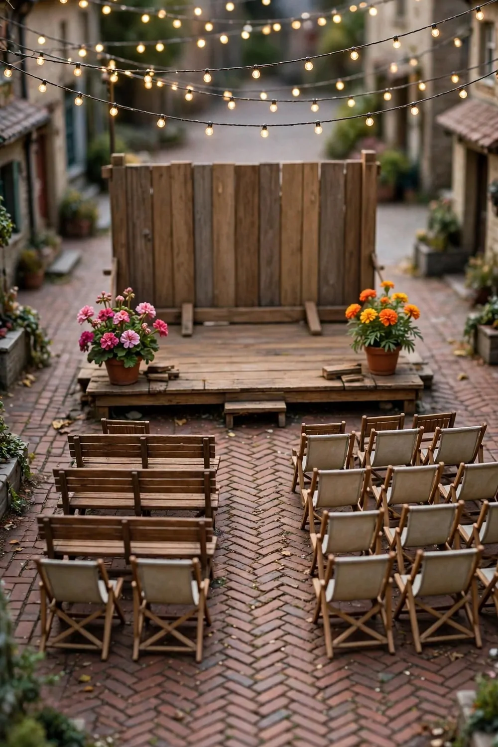 A small wooden stage with a backdrop, audience benches and string lights in a plaza