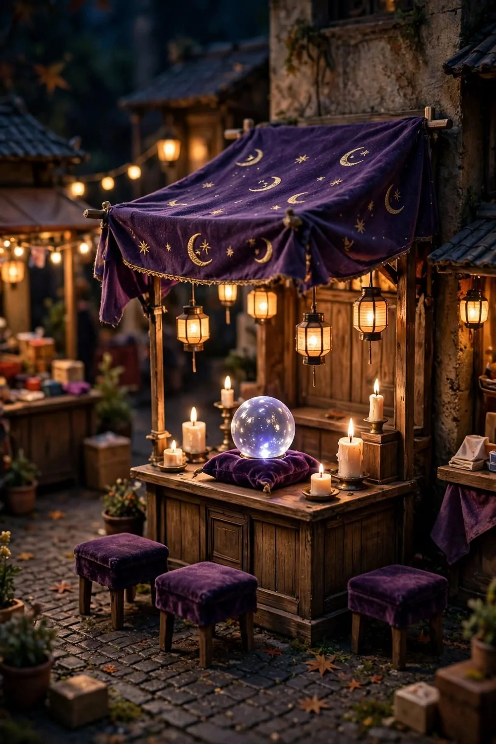 A fortune-teller stall with a purple canopy, moon motifs, crystal ball and lanterns