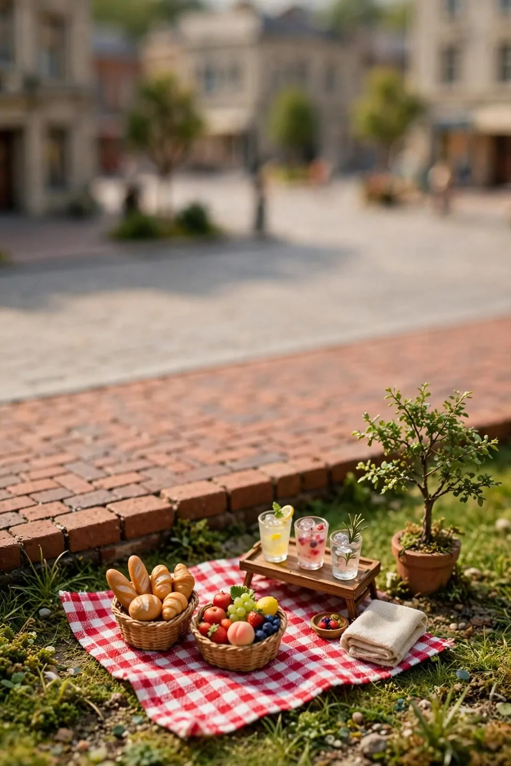 A checkered picnic blanket with wicker baskets and food trays on grass beside a plaza