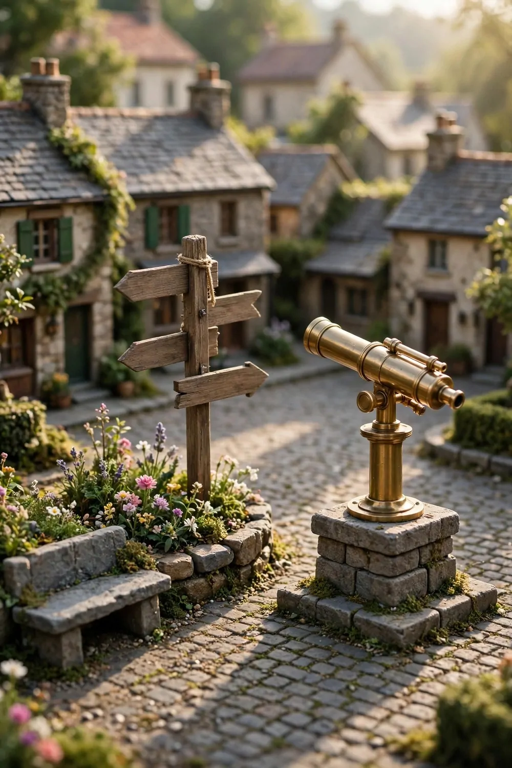 A brass tourist telescope on a pedestal with a wooden signpost and flower bed in a square