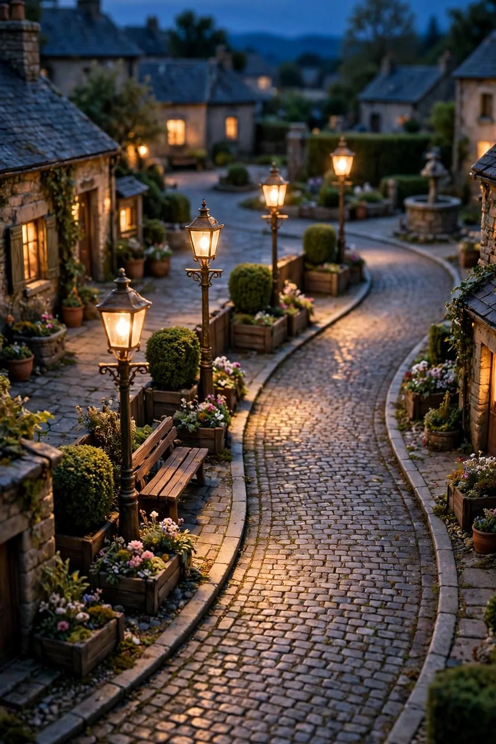 A curved stone path lined with glowing street lamps, planters and a bench at dusk
