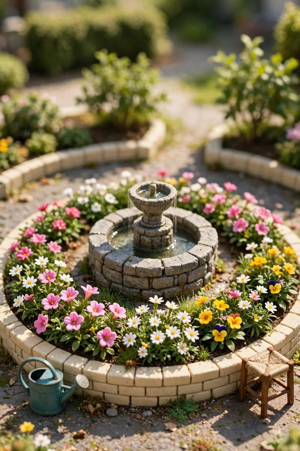 Flower garden beds circling a fountain base with brick edging and a watering can