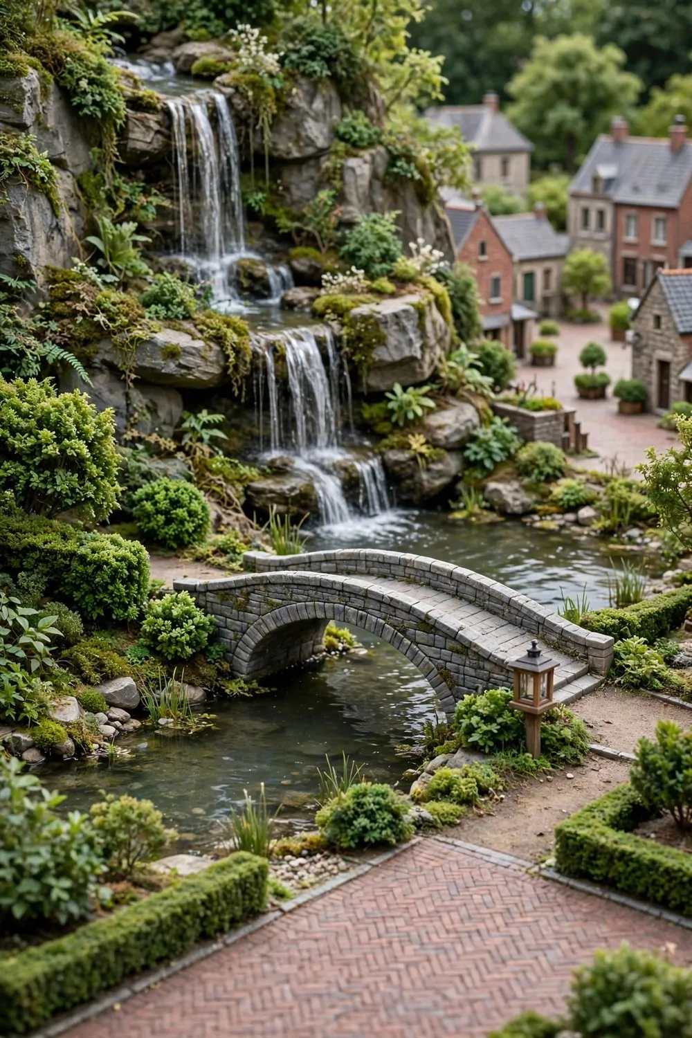 A waterfall flowing into a pond with a stone bridge leading toward a brick plaza