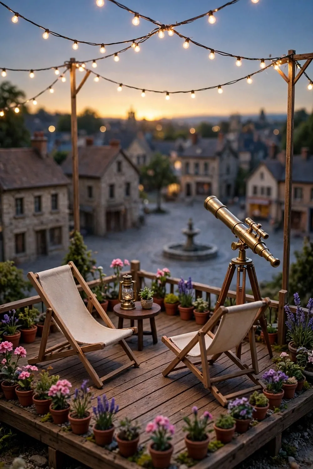 A wooden viewing deck with lawn chairs, a telescope and string lights under a twilight sky