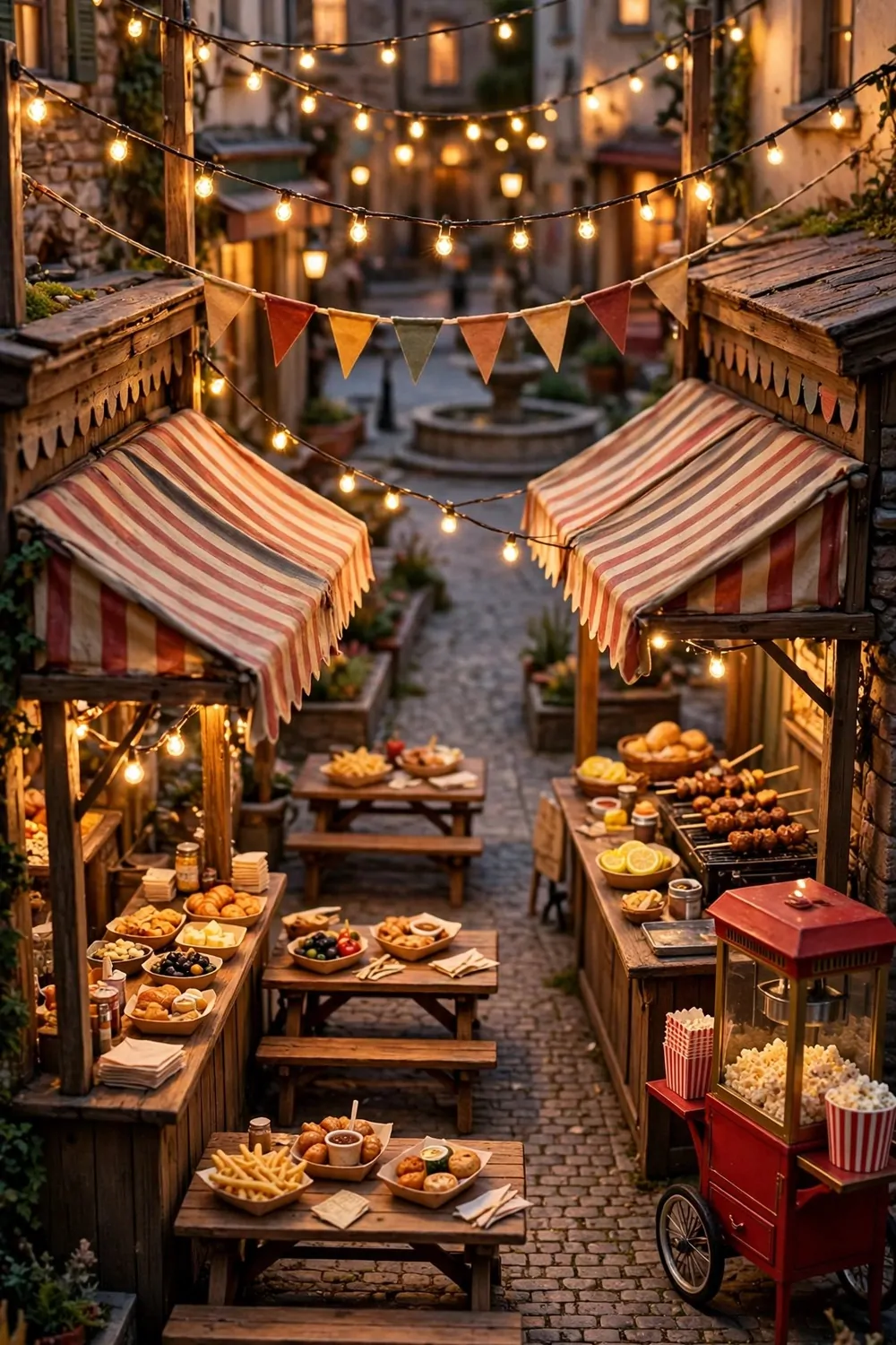 Food stalls with striped awnings, a popcorn cart and string lights along a plaza walkway