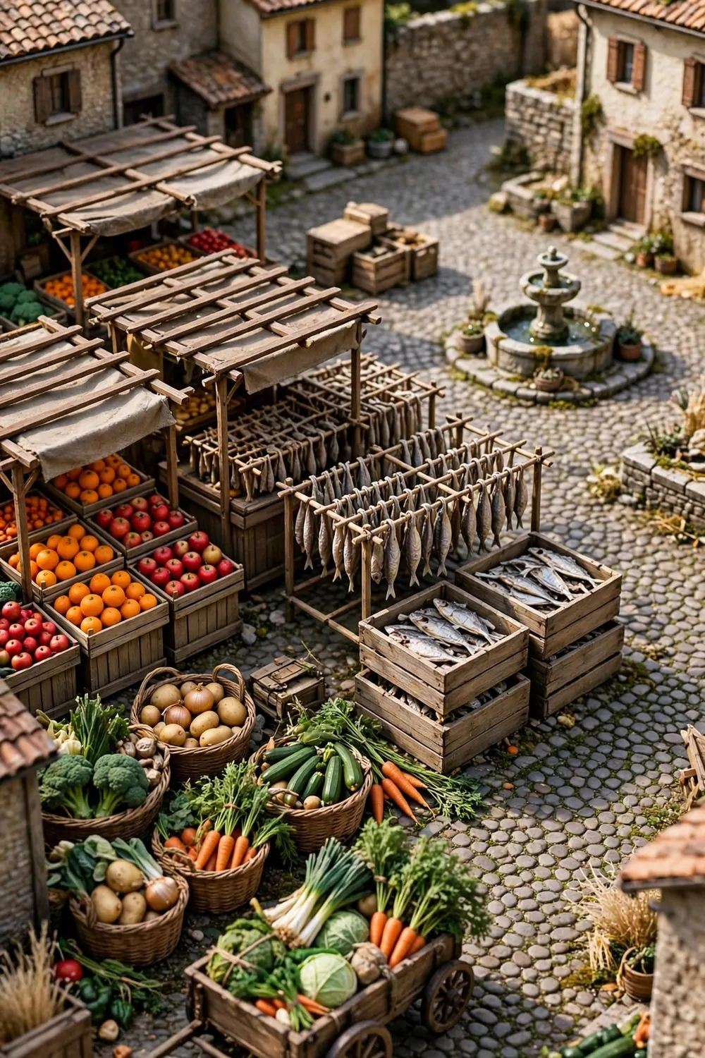 Market stalls with crates of fruit, fish-drying racks and stacked fish containers